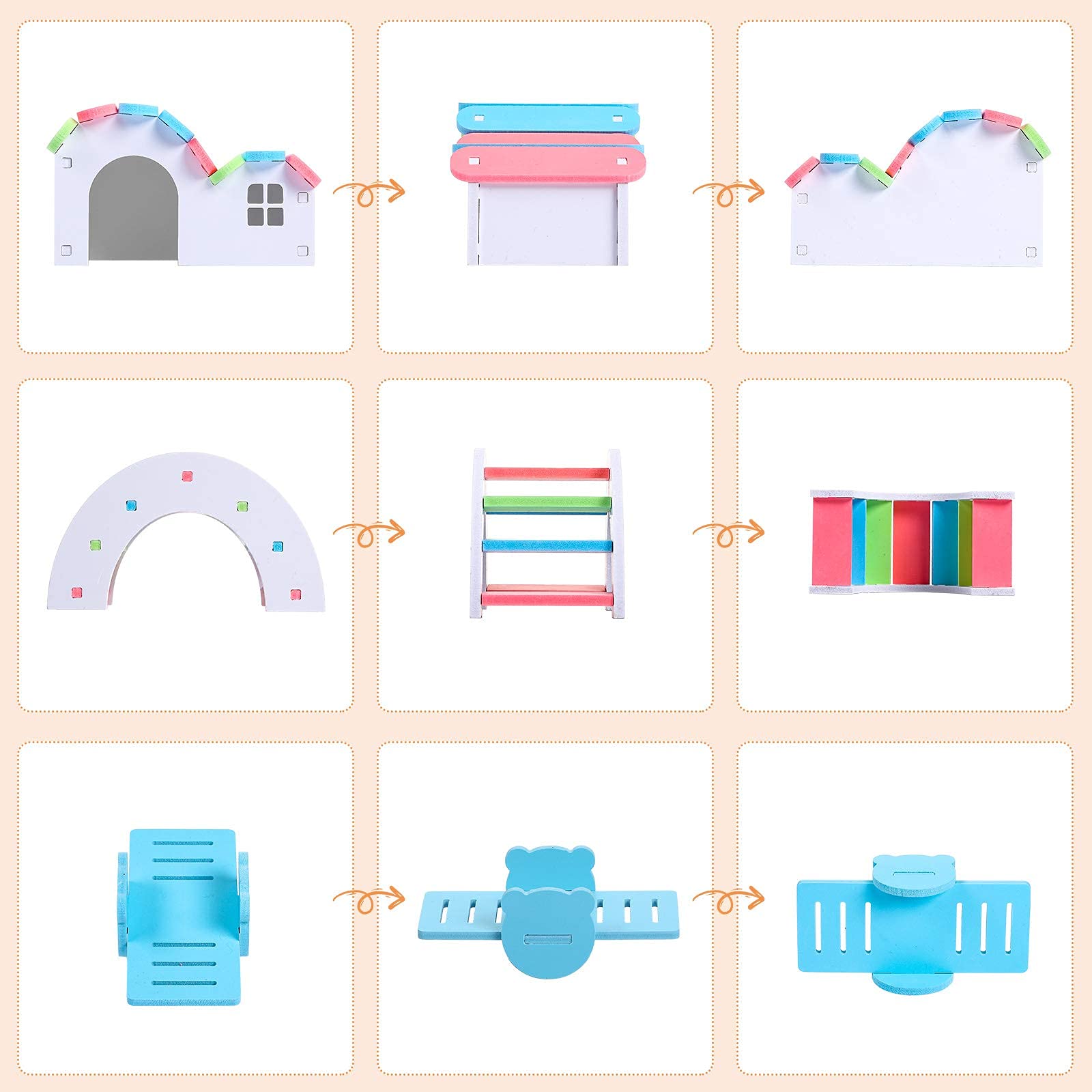 Qpets Hamster Toy Set for Small Pets with Detachable Wooden House and Bridge 16x7x7 cm | DIY Exercise Play Toys