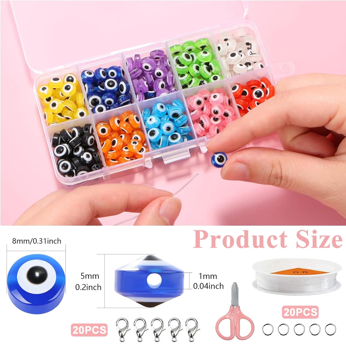 SANNIDHI® 200pcs Evil Eye Beads Kit 8mm 10 Colors Resin Evil Eye Bracelet Making Beads for Jewellery Making Necklace Keyring Charms DIY with Scissors, Elastic Strings Set for Kids Women