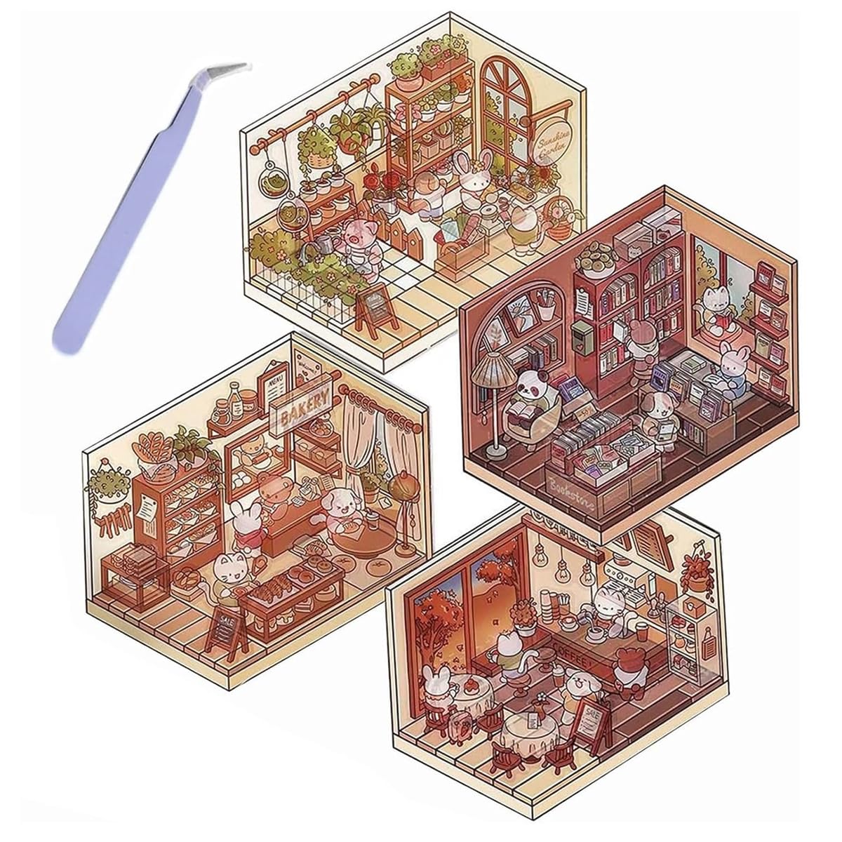 HASTHIP 3D House Stickers for DIY Scene Crafts with Tweezer featuring PET Material | 4 Pcs Set