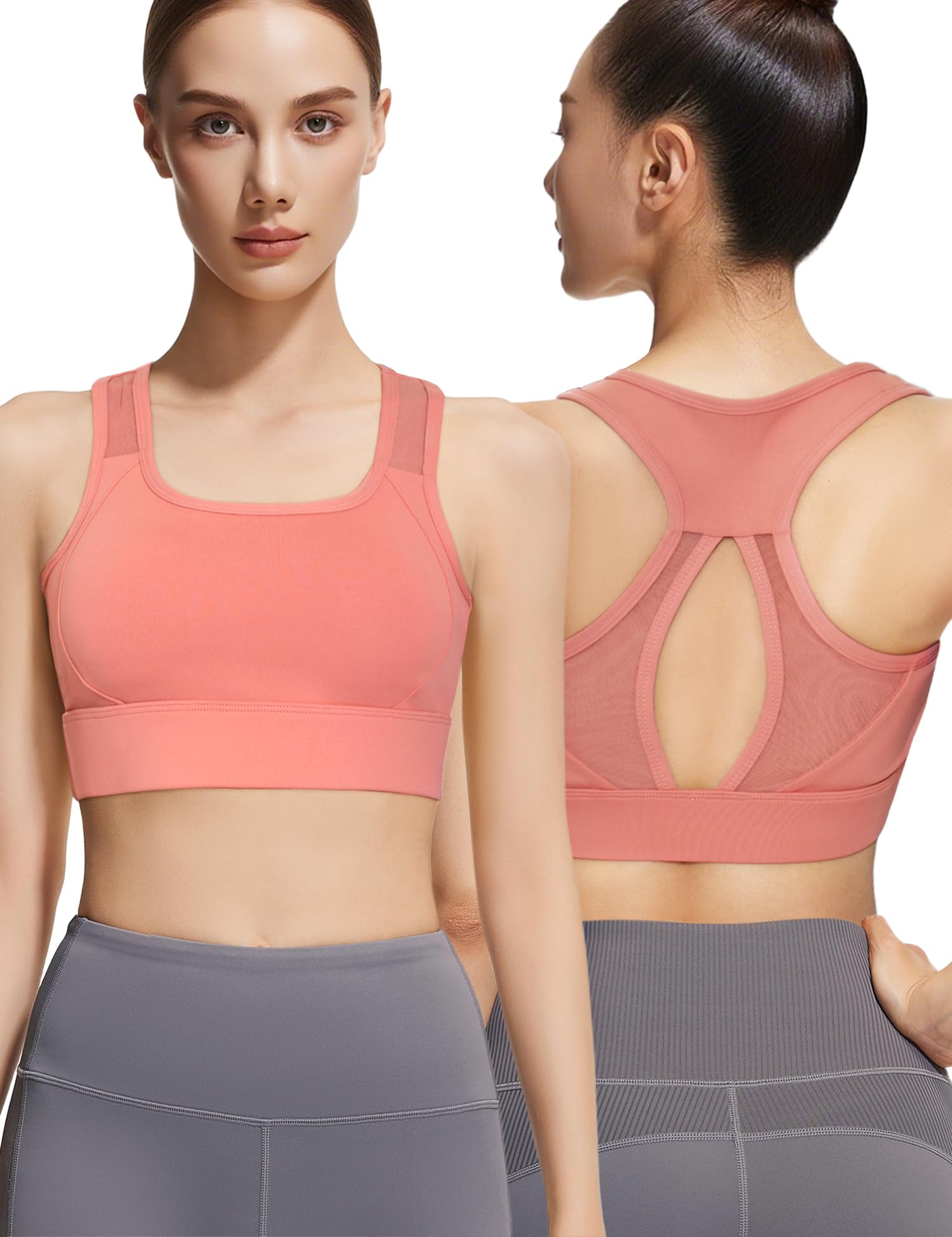 Venzina Sports Bra for Yoga and Running with Breathable Mesh and Removable Pads | Coral Pink