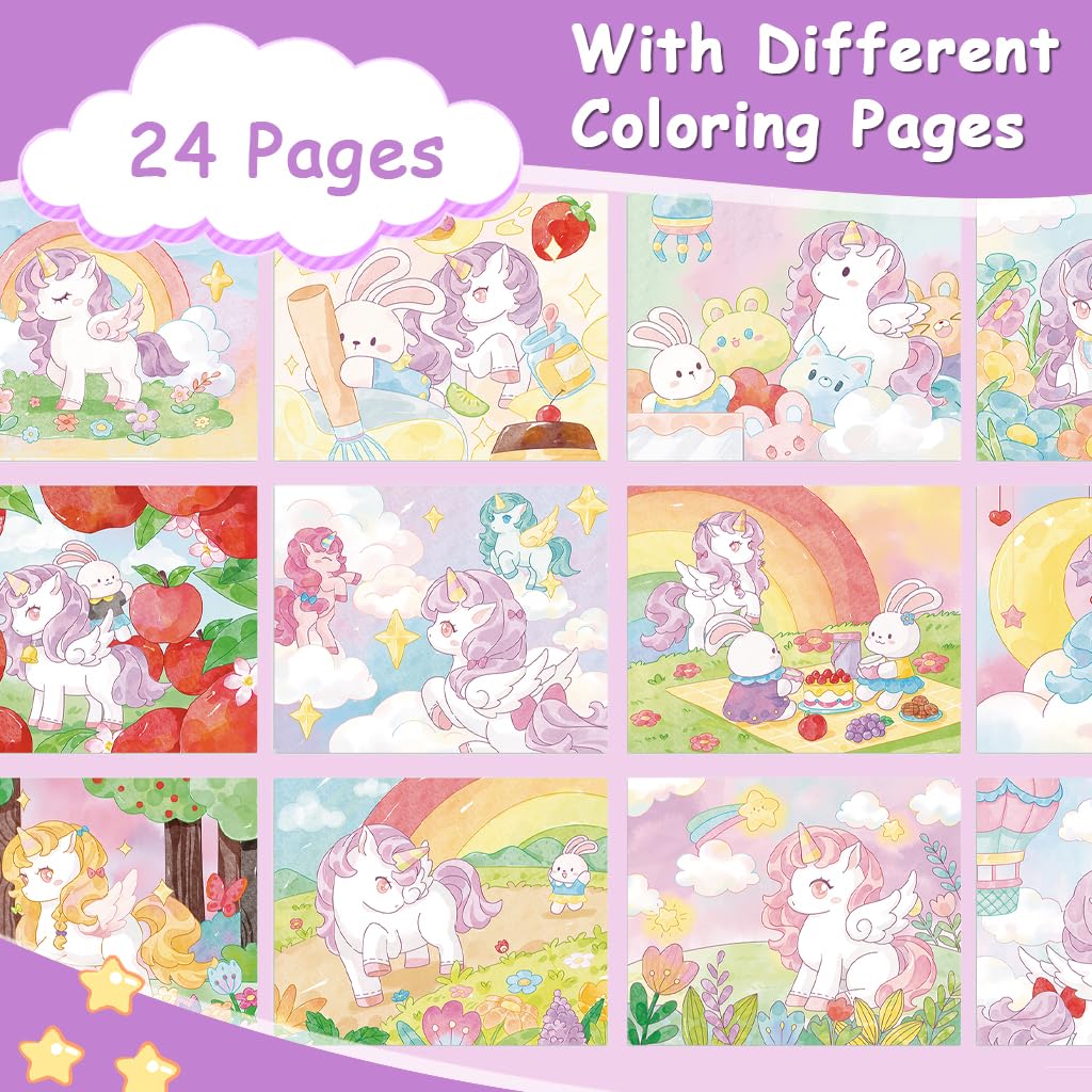 PATPAT Cartoon Watercolor Coloring Book for Kids with 18 Unicorn Castle Scenes and 24 Bookmarks | Includes 12 Pigments and Brush Pen