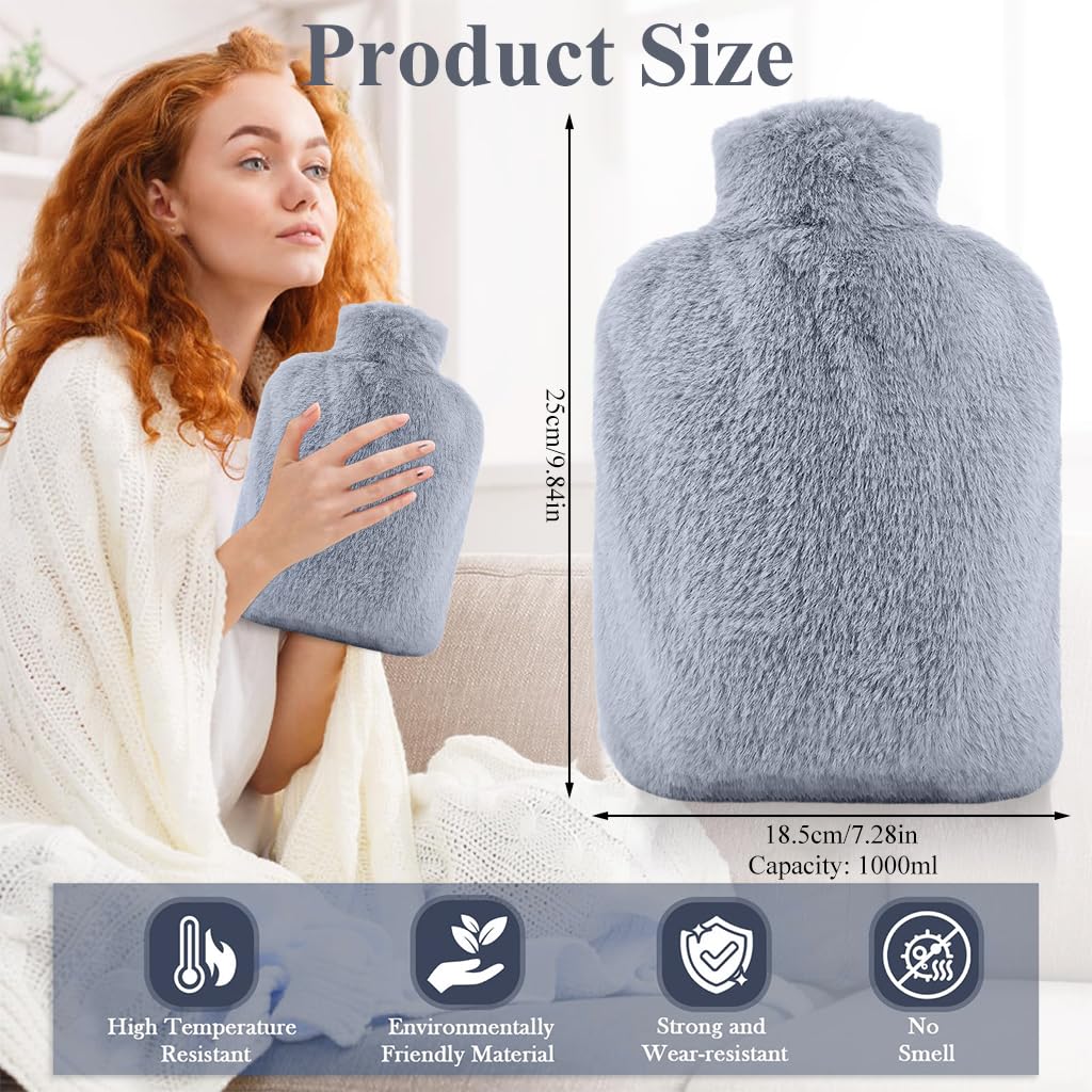 ZIBUYU® 1L Hot Water Bag, with Soft Plush Cover, Bottle with Anti-leak Sealing Stopper Warmth Hot Water Bottle for Menstrual Cramps Relief, Hot Compress Therapy, Hot Bags for Pain Relief