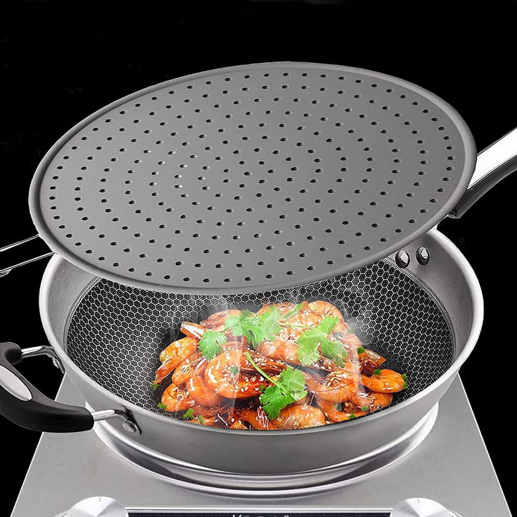 HASTHIP® 11inch Frying Pan Non-Stick Cover, Silicone Splatter Screen Pan Cover with Heat Insulation Handle, Heat Insulation Cooling Mat, Strainer, Drain Board, Oil Splash Guard for Frying Pan