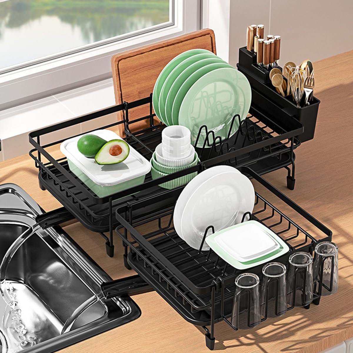 HASTHIP® Dish Dry Rack with Drip Tray Metal Large Size Dish Dry Rack Drainer with Cup Holder, Telescopic Tableware Holder Organzier Kitchen Multipurpose Dry Rack for Dish, Bowl, Tableware, Cup