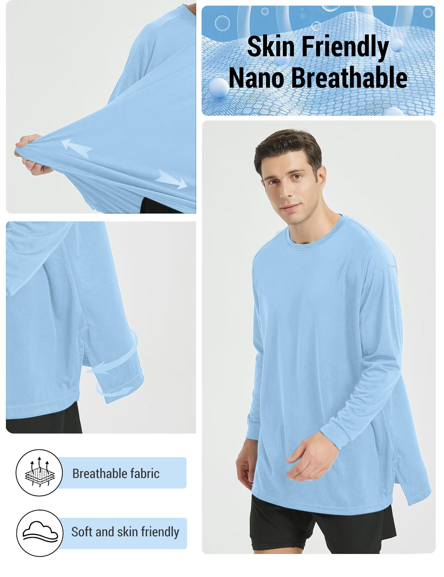 SANNIDHI Men's Crew Neck T Shirt for Running and Daily Wear featuring Soft Stretch Polyester | Moisture Wicking Long Sleeve Pullover Sky Blue XL