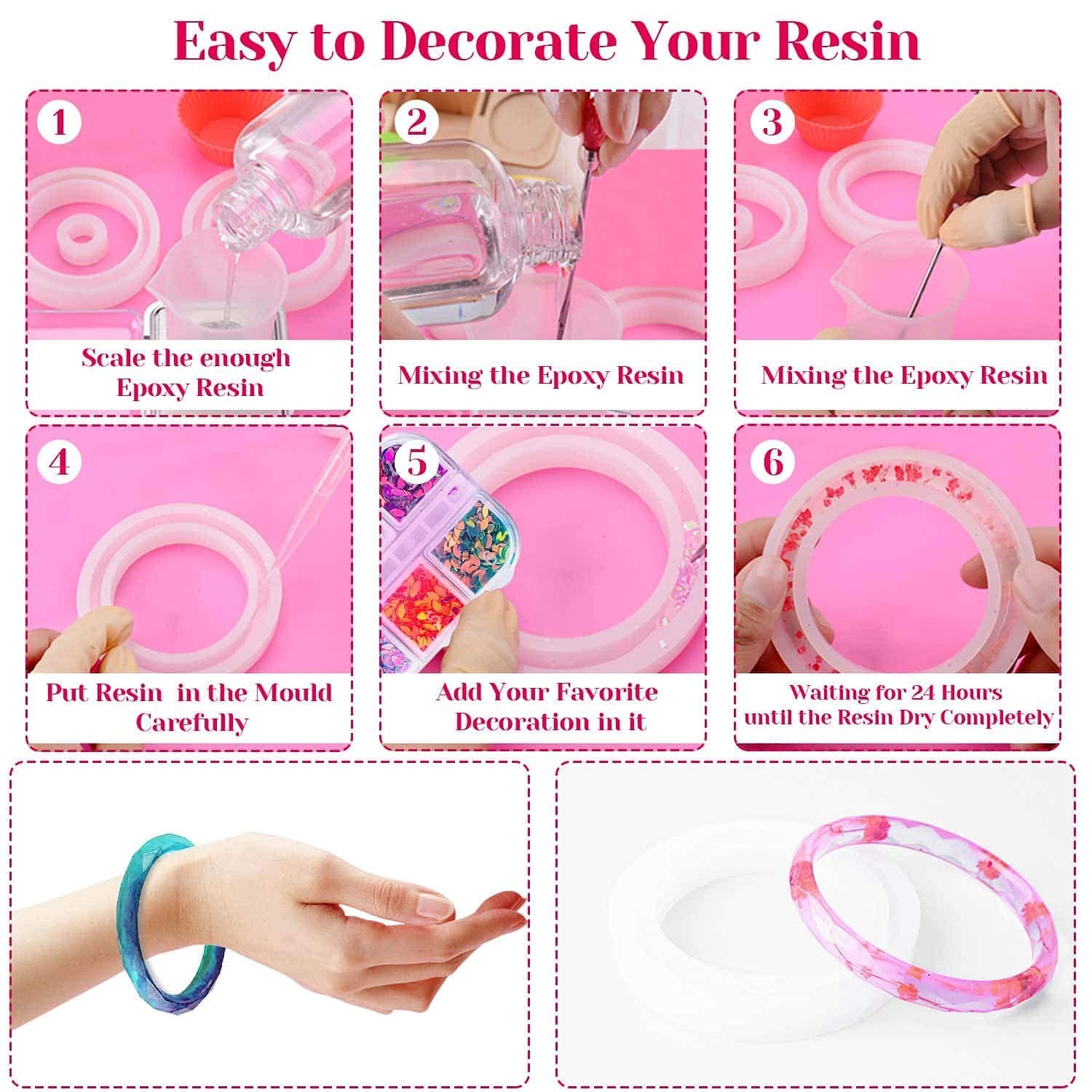 HASTHIP Resin Casting Mold Kit for Jewelry Making with 94 Pcs Silicone Moulds | Includes Hand Twist Drill and Glitter Sequins