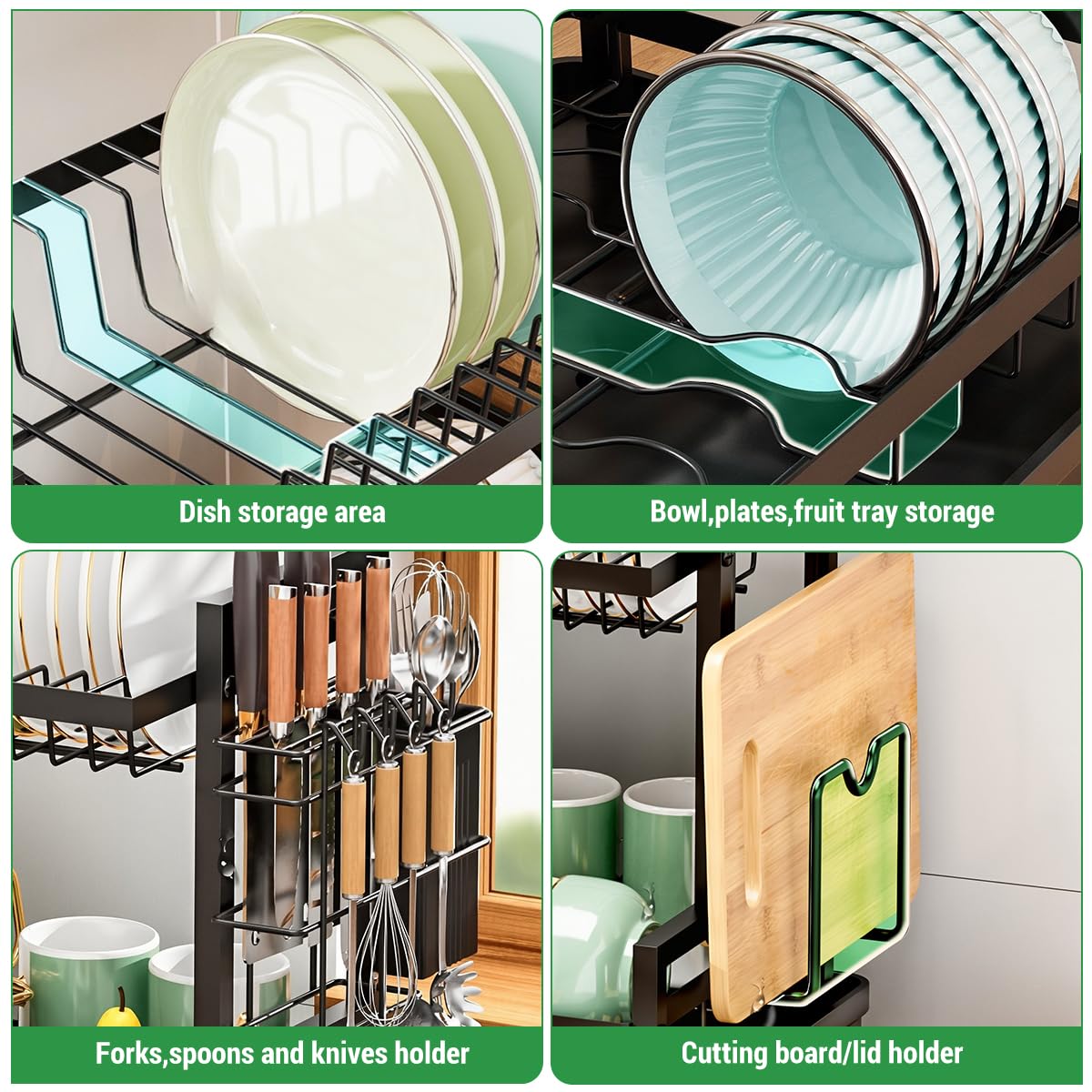 HASTHIP Double Layer Kitchen Dish Rack with Drip Tray and Chopping Board Holder 42x31x33cm