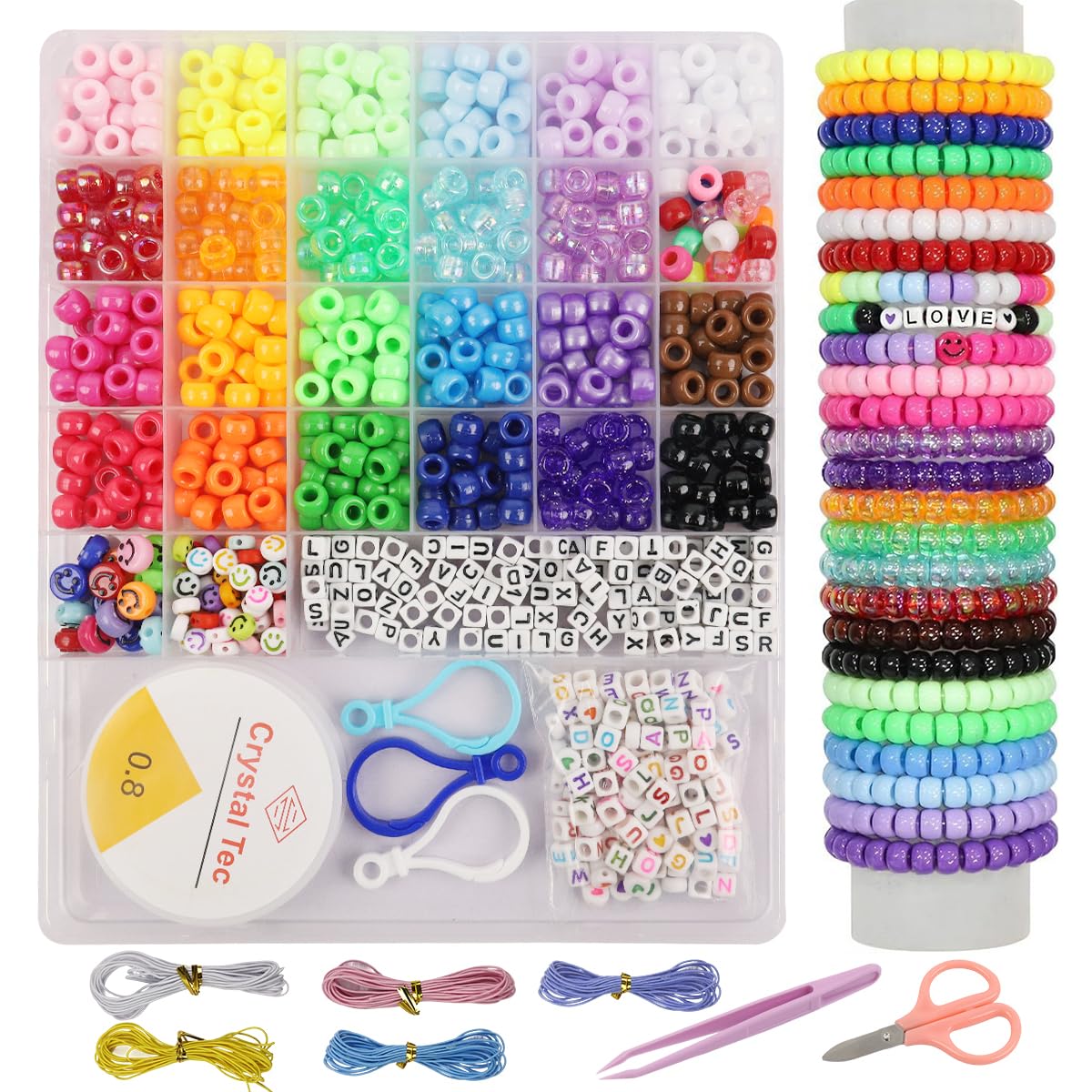 SANNIDHI Pony Beads Kit for Bracelet Making with 1000 pcs 24 Colors & Elastic Cords | Kids DIY Jewelry Set