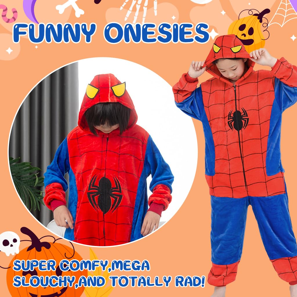 PALAY® Winter Kids Pajama Soft Plush Spiderman Pajama Warm Plush Kids Spiderman Hooded Pajama Girls Boys Pajama Party Costume Zipup Spiderman Pajama for 5-6 Years Old