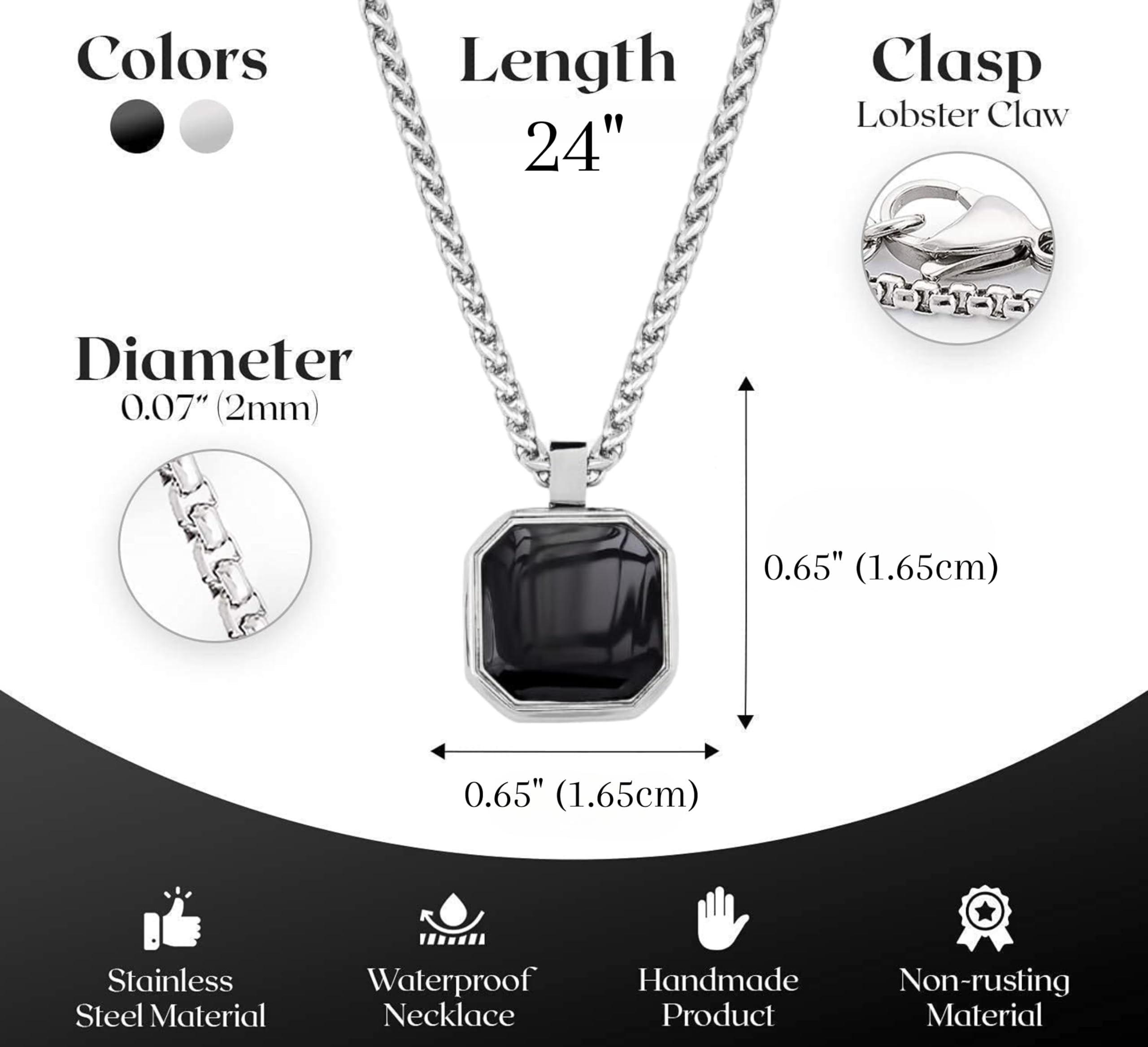 Zibuyu Men's Necklace with 1.57×0.39 in Black Square Pendant and 23.62 in Chain | Stainless Steel Gift for Men