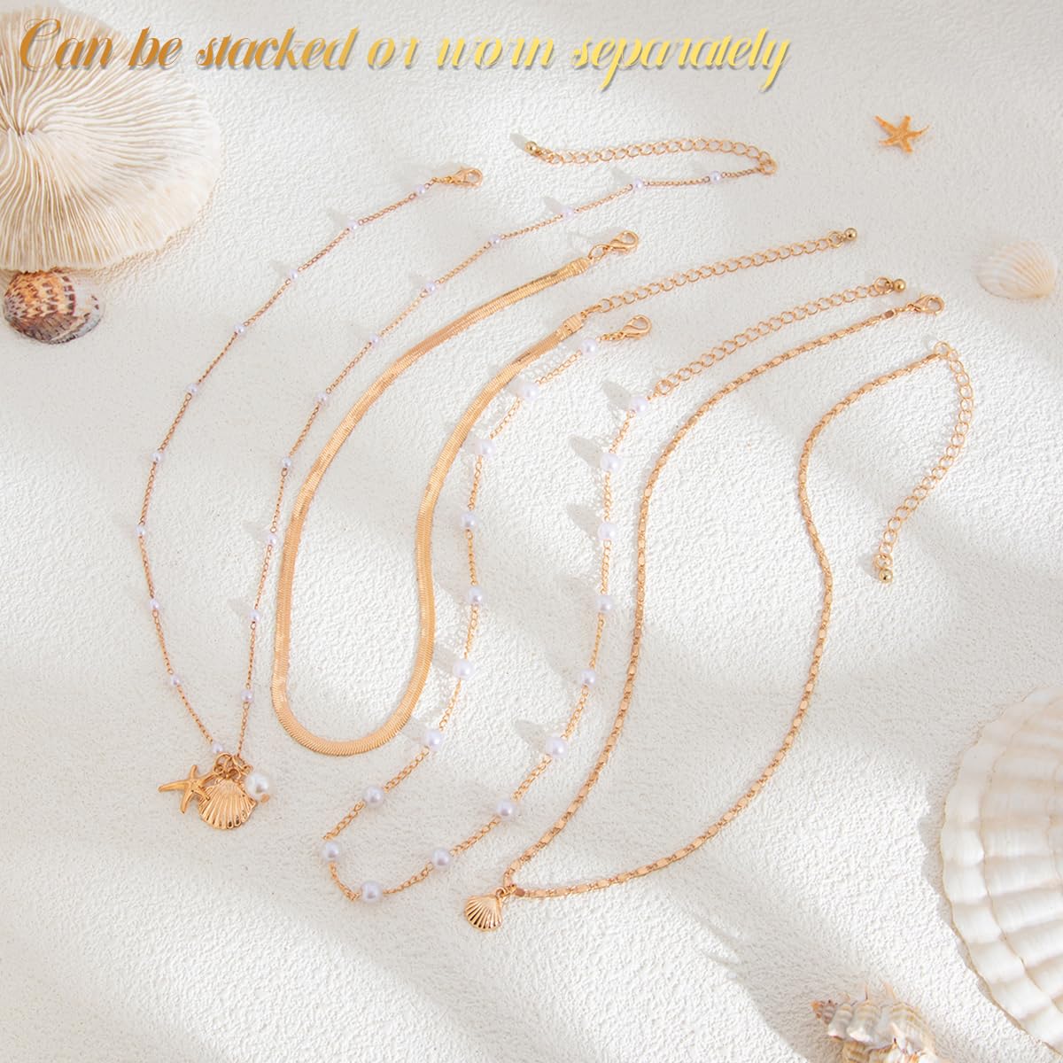 SANNIDHI Necklace Set for Women featuring 4 Layered Gold Chains with Seashell and Starfish Pendants | Beach Jewelry Gift