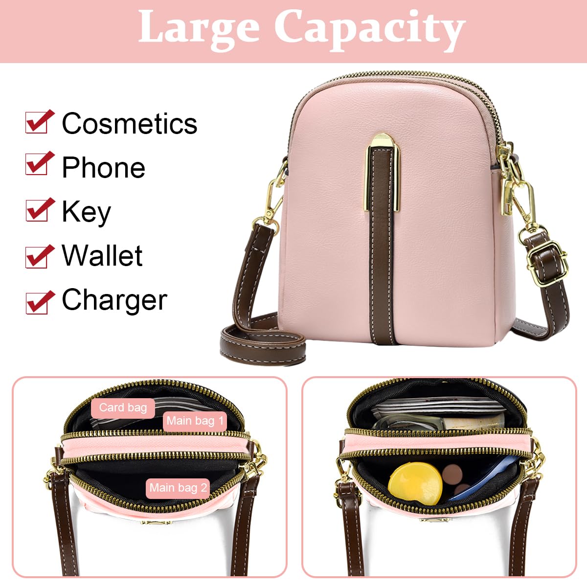 PALAY® Sling Bag Stylish PU Women Crossbody Bag Phone Bag Double Layer Daily Bag with Detachable Shoulder Belt Casual Shoulder Bag with Zipper Pouches Gift for Women, Pink