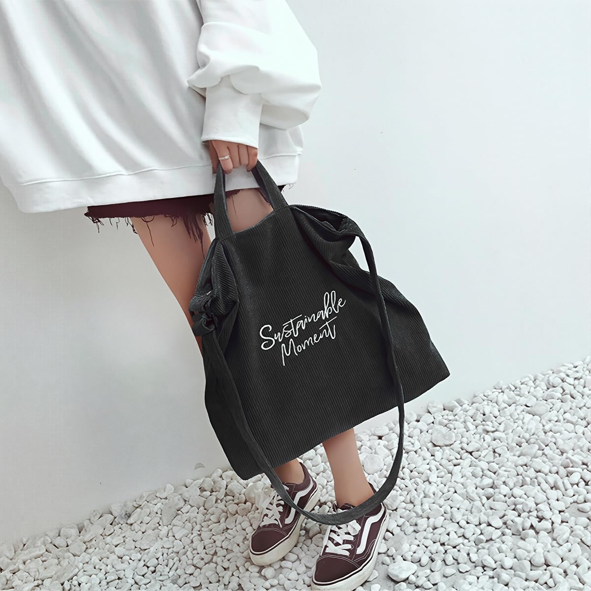 PALAY Tote Bag for Woman with Detachable Crossbody Strap 39x4x37 cm Corduroy | Black