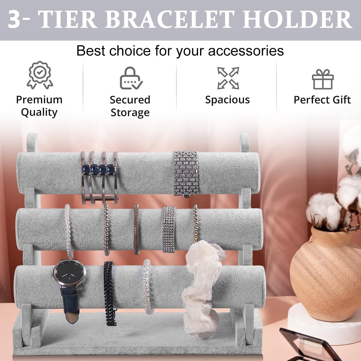 Venzina Bracelet Holder Organizer for 18–25 Pieces with 3 Tier Detachable Velvet Stand Grey