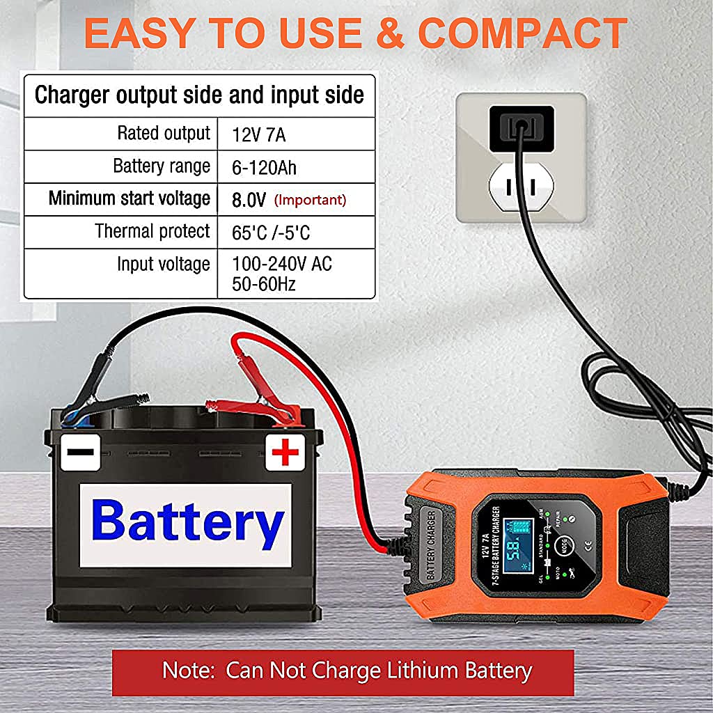 Verilux  Car Battery Charger 12V 7Ah | New Upgrade 7-Stage Automatic Pulse Repair Battery Charger & Maintainer for ATVs/Golf Cart/Motorcycle/Car/Yacht Mower and More (Red)