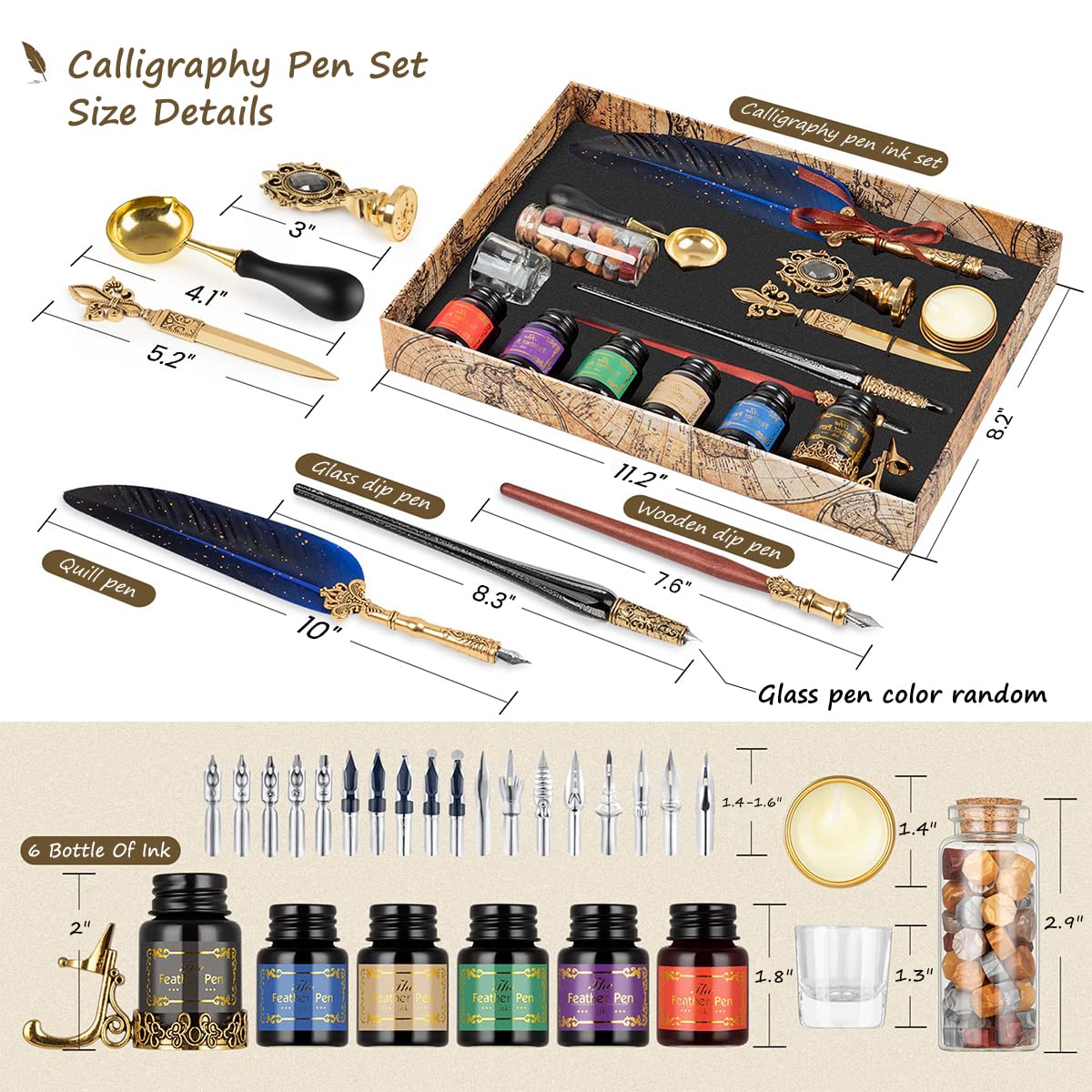 Climberty® Feather Pen with Ink, Calligraphy Feather Pen with Wax Seal Stamp, Includes Feather Dip Pen, Glass Dip Pen, 6 Ink, 18 Replacement Nibs, Pen Holder, Seal Stamp, Wax Beads, Wax Spoon (Blue)