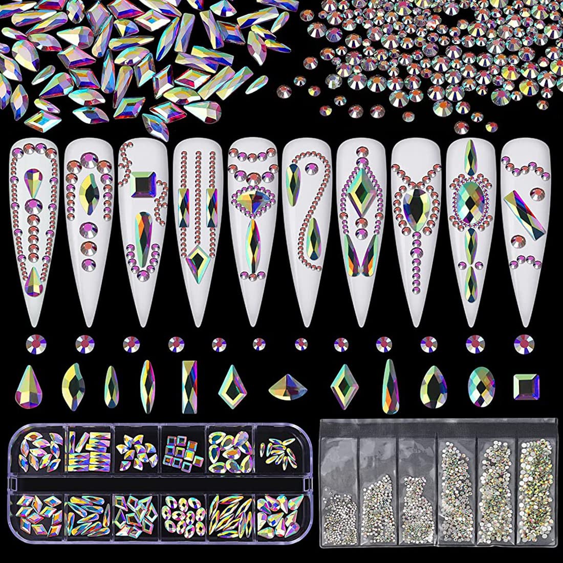 MAYCREATE® Nail Art Rhinestones Kit Colorful Rhinestones Geometry Shape Crystal AB Rhinestones with Glue and Tools Manicure Craft Decoration Nail Art Salon