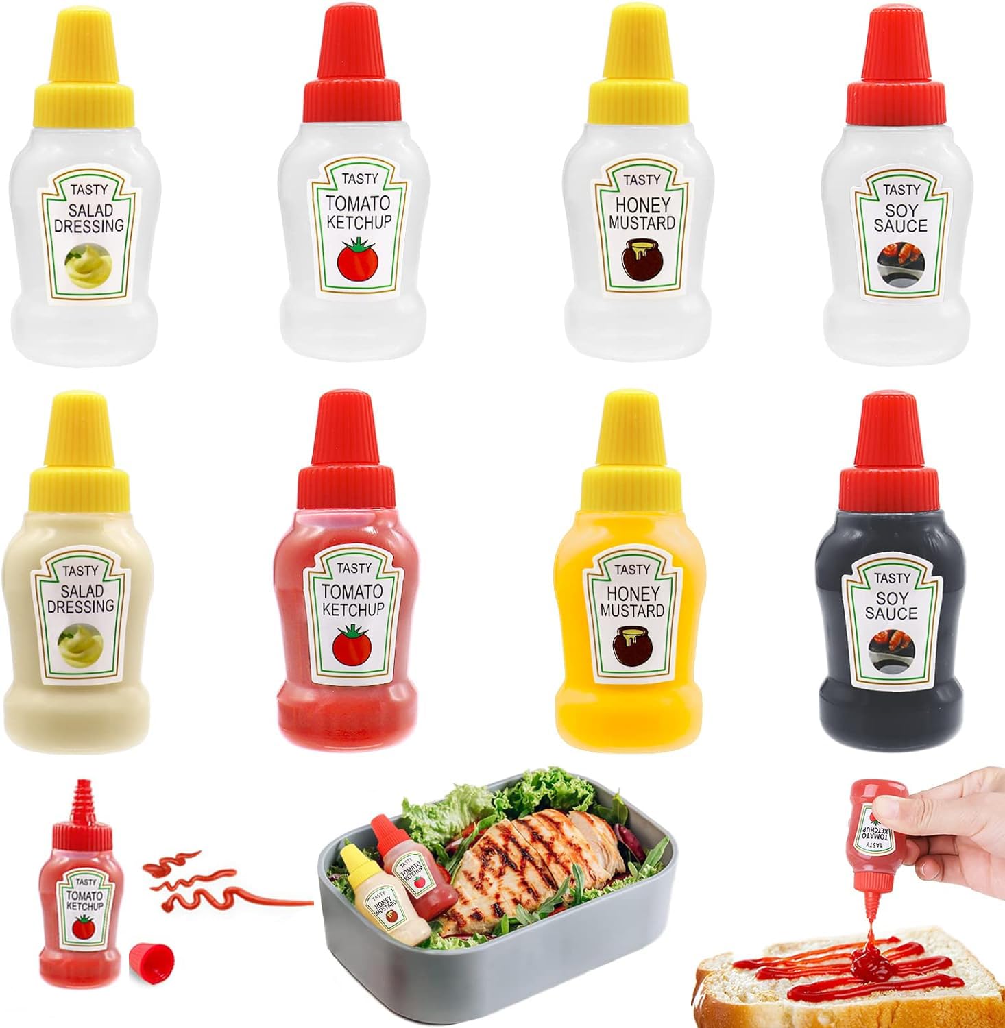 HASTHIP Mini Ketchup Bottles for Lunch Bags with Leak Proof Nozzle 8pcs 25ml | Refillable Food Grade Plastic Dispensers