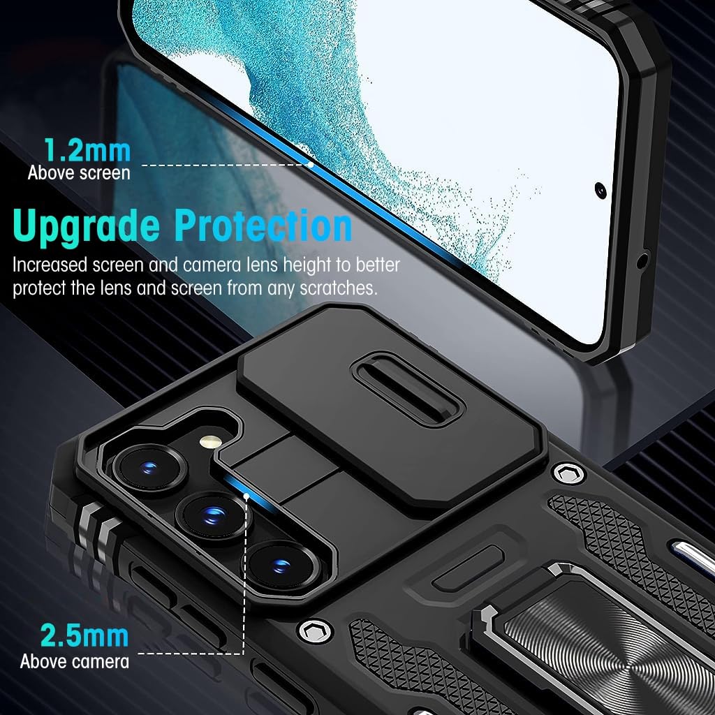 ZORBES Phone Case for Samsung Galaxy S23 with 360° Rotatable Kickstand Grip and Sliding Camera Cover | Black 3 PCS