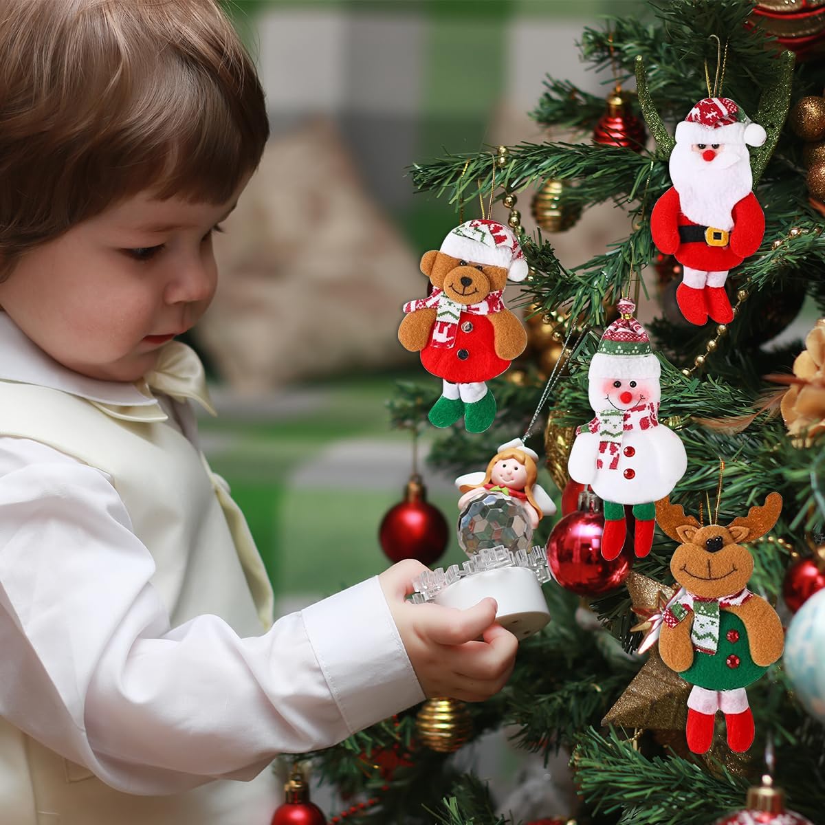HASTHIP Christmas Tree Decorations 4Pcs Set with Santa Snowman Reindeer Bear | 17x8cm Cotton Ornaments for Home and DIY Crafts