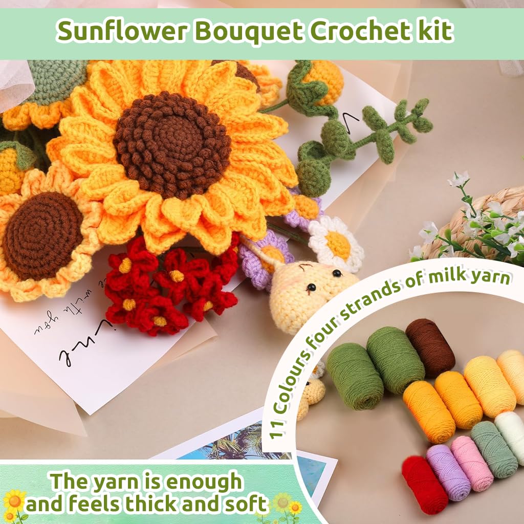 PATPAT DIY Crochet Kit for Sunflower Bouquet with Yarn Hooks and Tutorial | Home Decor Gift Set