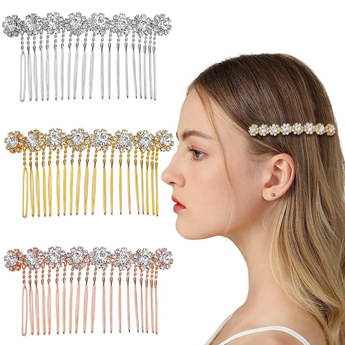 PALAY Hair Comb Clip for Women featuring Rhinestone Flower Design 3Pcs Alloy Set | Wedding and Party Headpiece