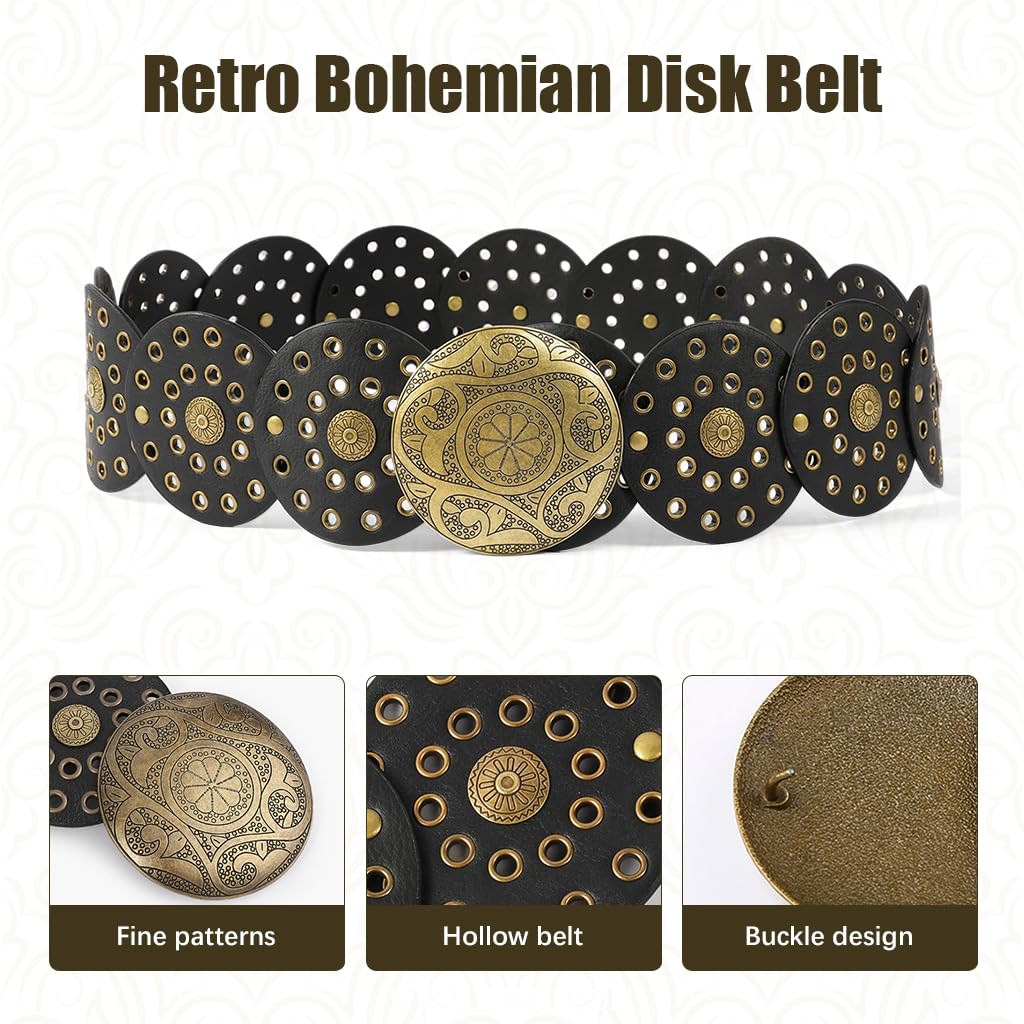SANNIDHI Women Leather Belt for Dresses and Jeans with Round Disk Concho Design | 2PCS Black Vintage Boho Style