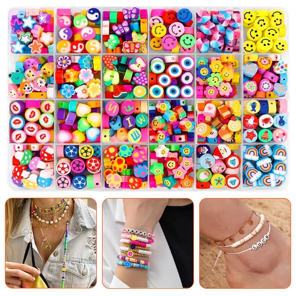 Venzina® 480pcs Polymer Clay Beads for Jewellery Making, 24 Styles Fruit Flower Clay Beads Bracelet Kit, Cute Smile Face Heart Spacers Beads for Women Girls Necklace Earring Making DIY Grafts