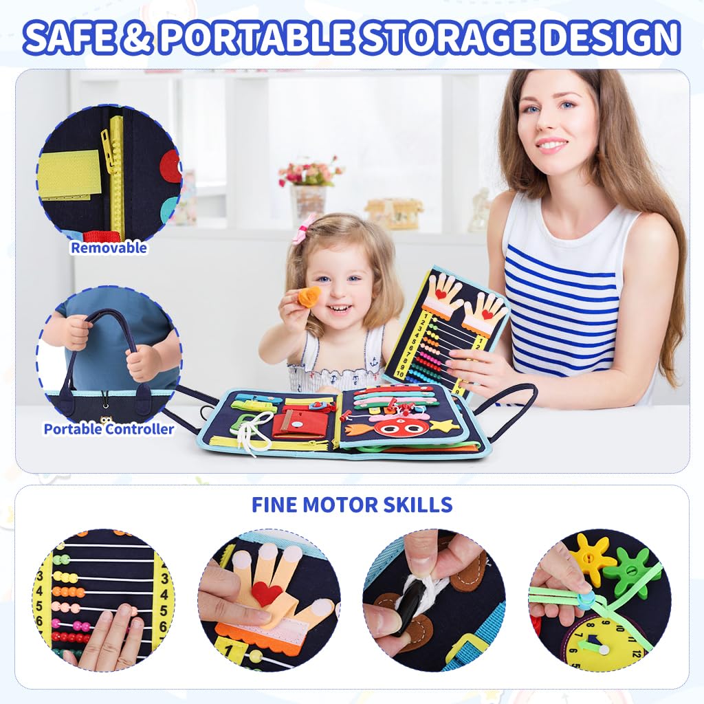 SNOWIE SOFT Busy Board for Toddlers with Zip Up Handbag Design and Felt Pages | Montessori Travel Toy