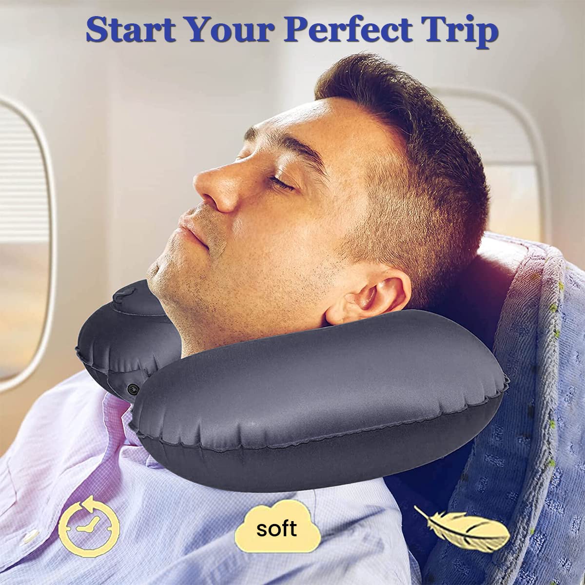 HANNEA Inflatable Travel Pillow for Neck Support with Built In Hand Pump and Soft Flocking Fabric