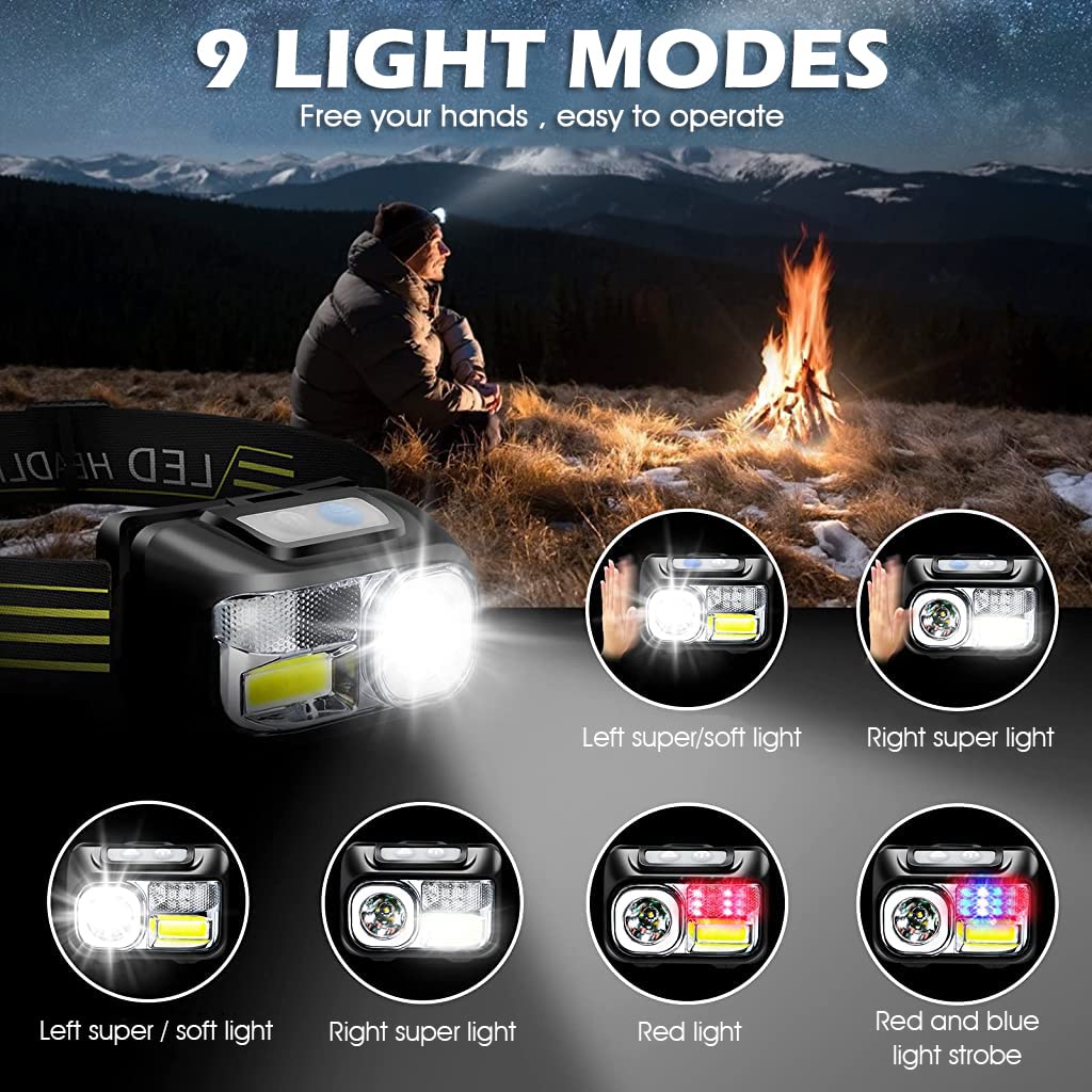 ELEPHANTBOAT Headlamp for Camping and Hiking with 9 Modes Sensor and 1200mAh USB Rechargeable Battery
