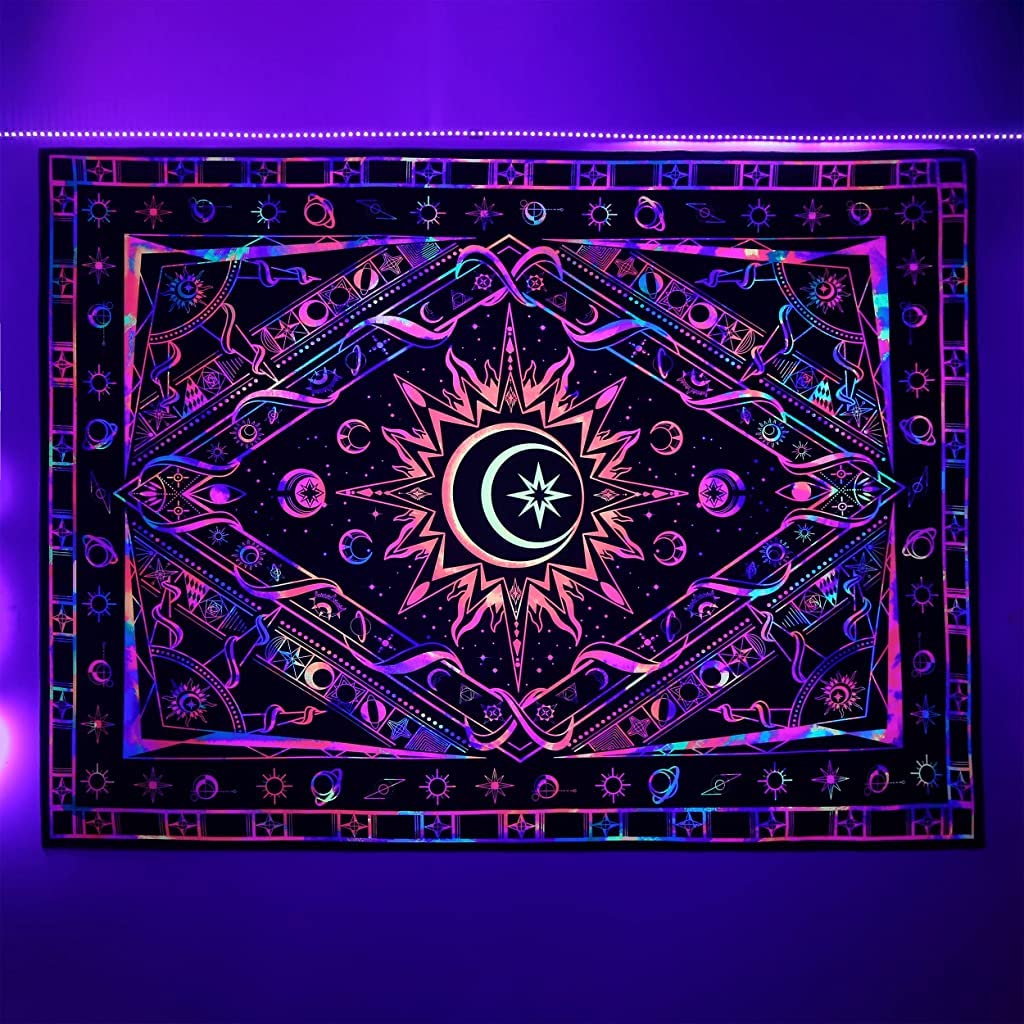 HASTHIP® Blacklight Tapestry UV Reactive Tapestry Glow in The Dark, Sun and Moon Tapestry, Aesthetic Tapestry Wall Hanging Tapestry Fluorescence Tapestry Night Glow Tapestries (51.2 in x 59.1 in)