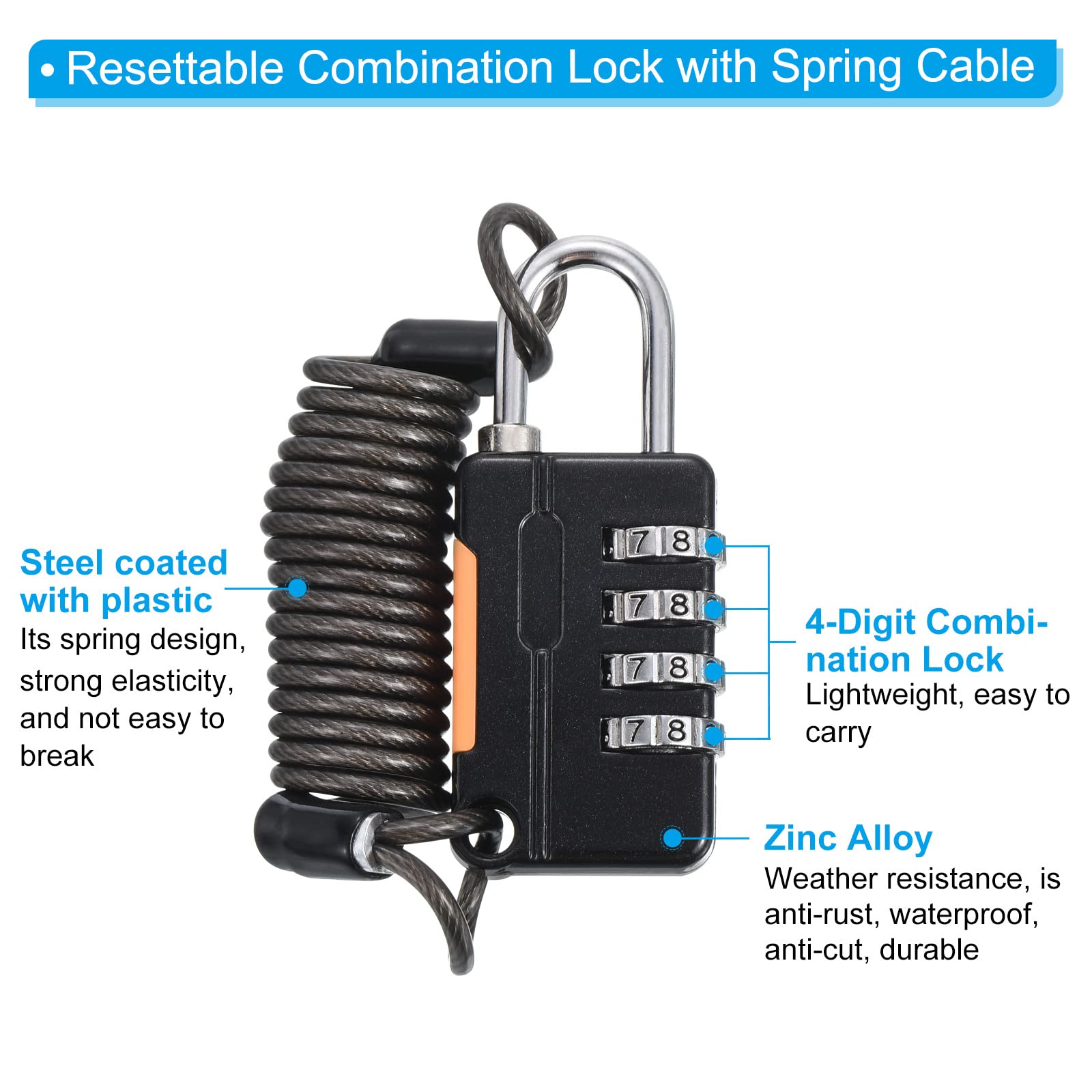 HASTHIP 4 Digit Combination Luggage Cable Lock with 3.3Ft Waterproof Spring Steel Cable, Zinc Alloy Security Padlock for Helmet, Luggage, Gym Locker, Backpack, Suitcase, and Cabinet (Black)