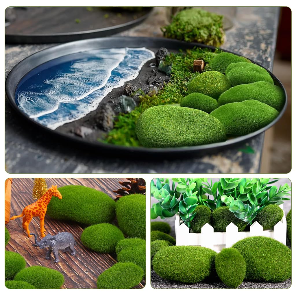 HASTHIP® 12pcs Small Artificial Moss Cobblestones Assorted Shaped Decorative Green Moss Covered Stones for Plant Pots