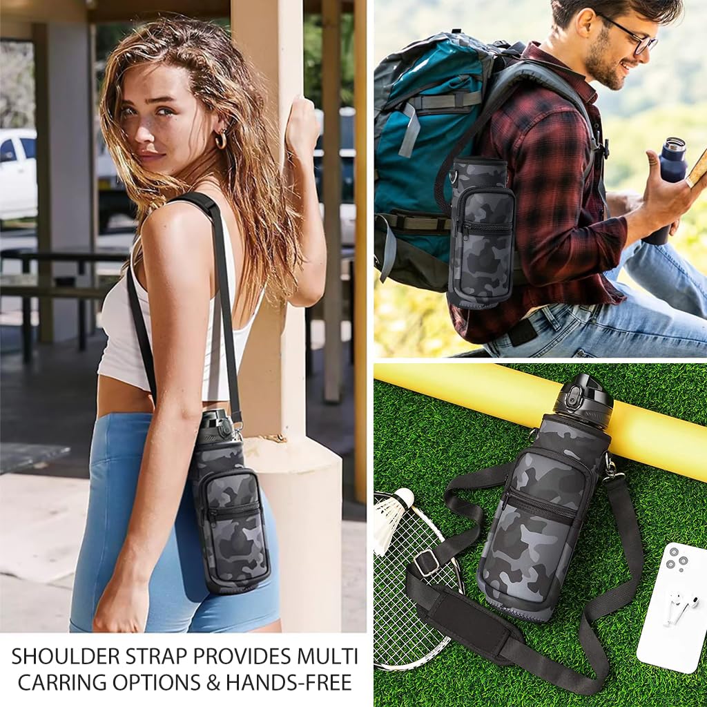 HASTHIP Water Bottle Carrier Bag for 32 oz Bottles with Adjustable Strap and Pockets | 3PCS Set