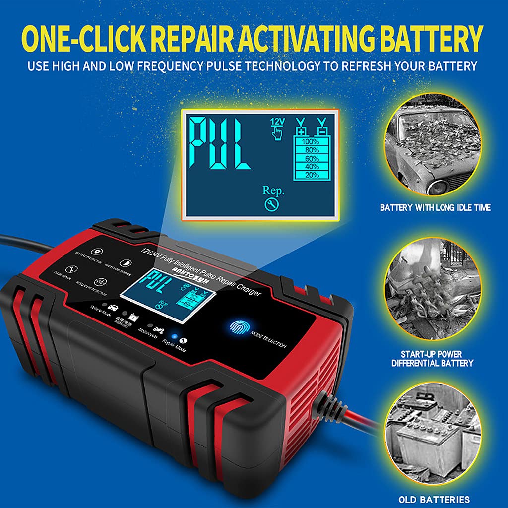 STHIRA Car Battery Charger for 12V and 24V Lead Acid Batteries with 8A Output | Intelligent Digital Display and Multi Protection