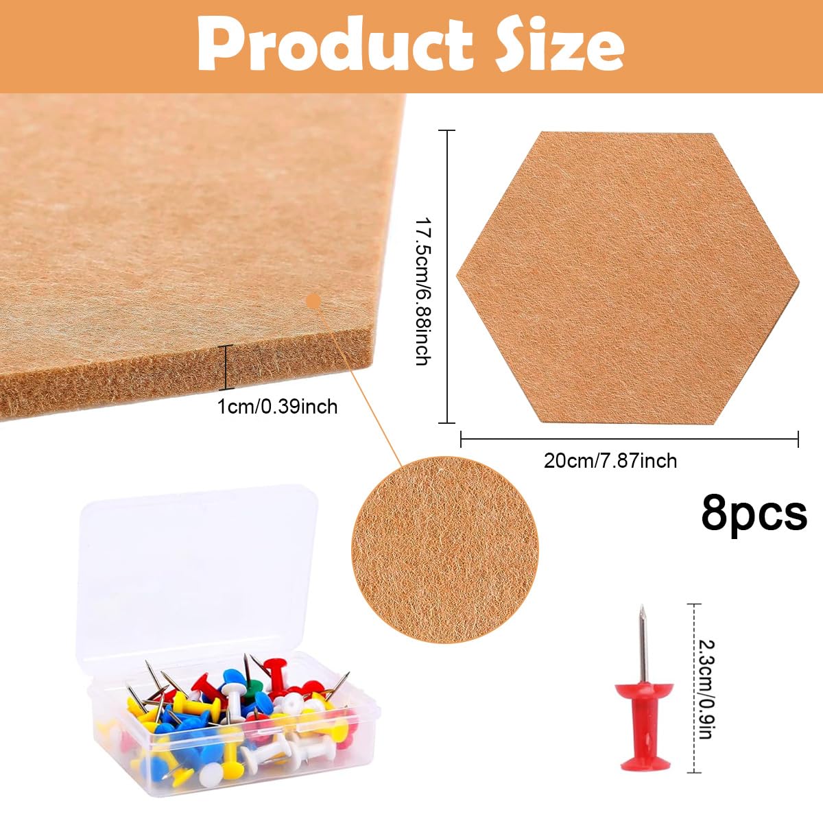 Climberty® 8pcs Hexagon Felt Board with 30pcs Thumbtack, Self-adhesive Felt Board for Message Leaving Utility Felt Board for Reminding, Fixing Convenient Note, Accessories Storage