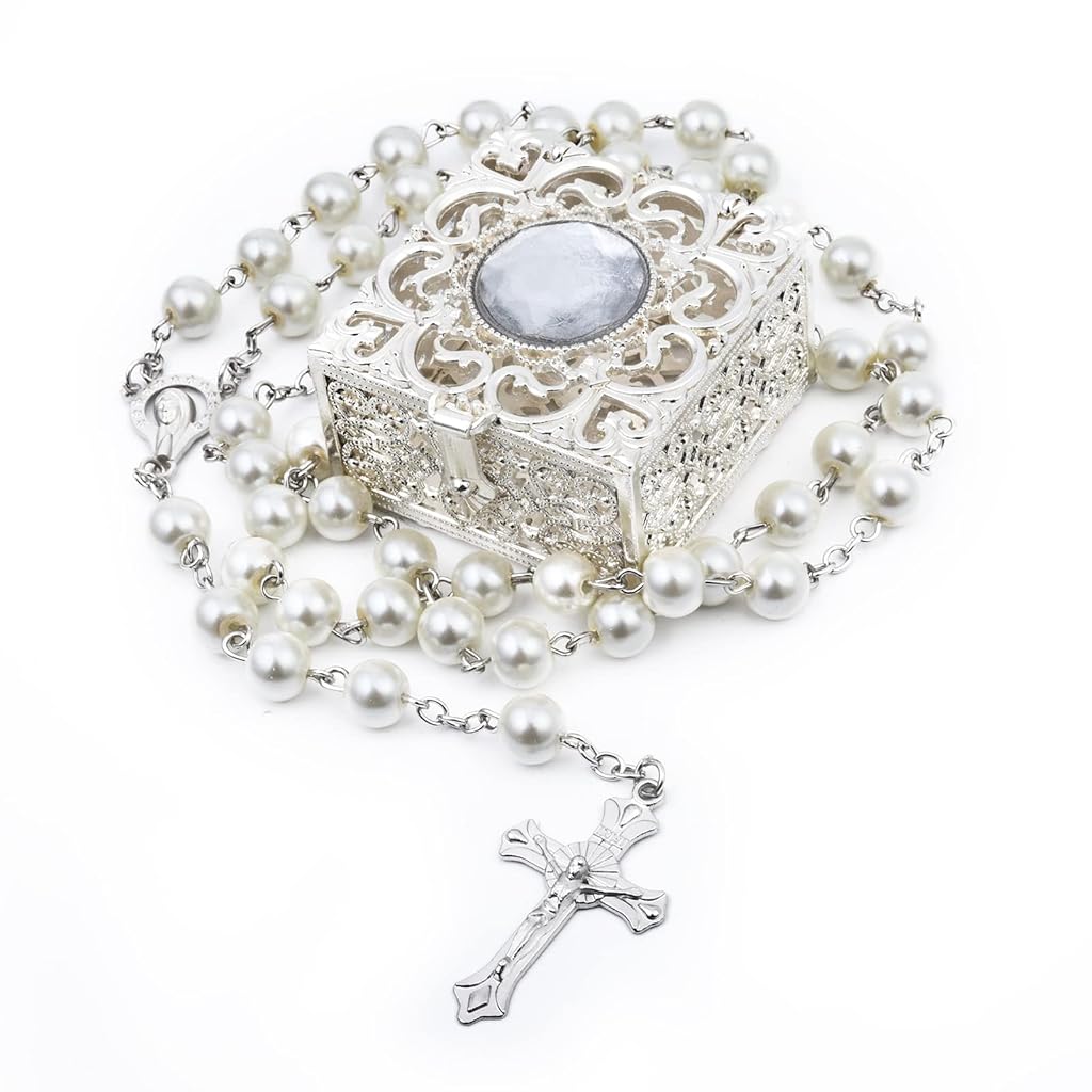 SANNIDHI® Pearl Necklace for Women Men Cross Pendant with 8Mm Rosary Beads Chain Catholic Prayer Gift Girls Locket Pack in Engraved Metal Box 3PCS