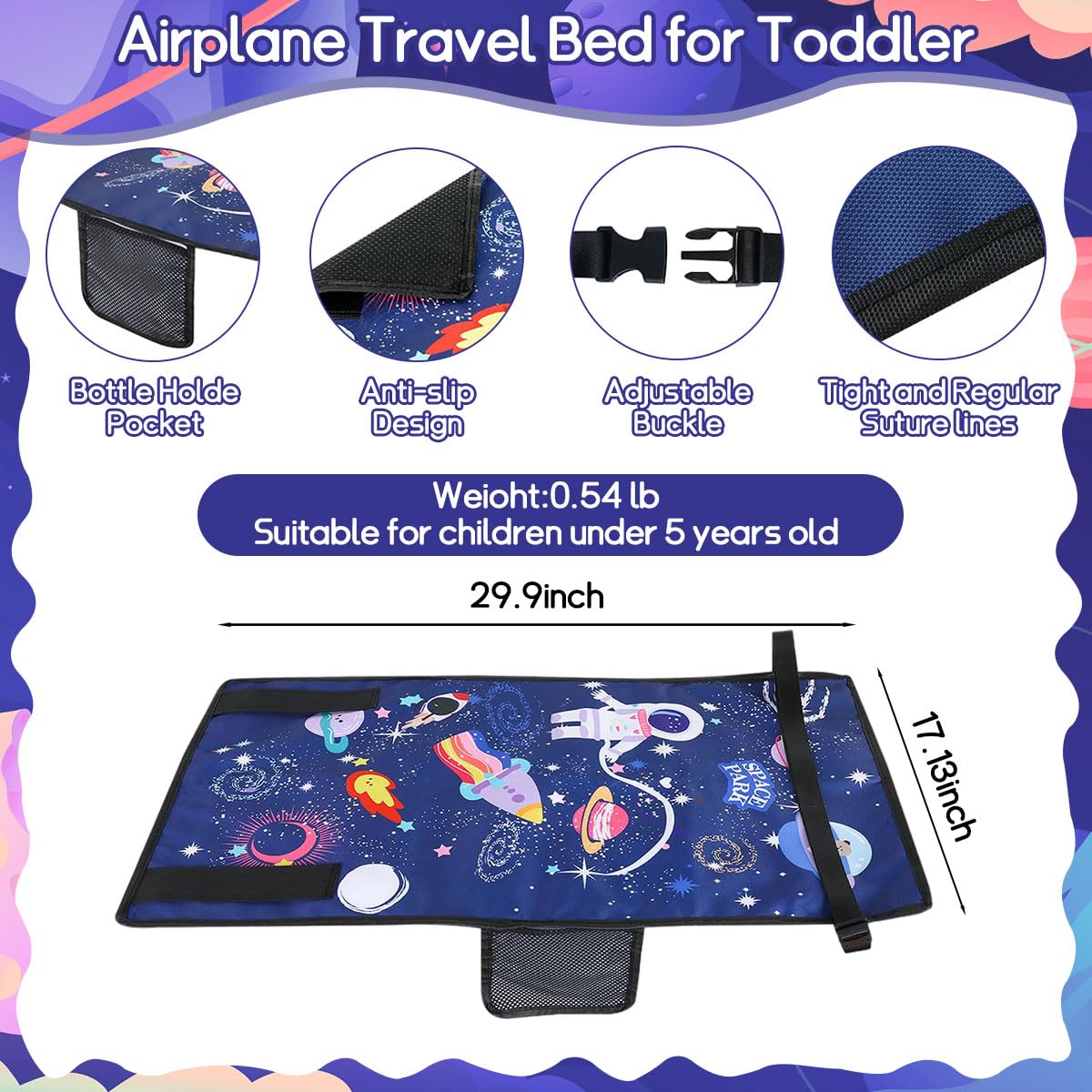 HASTHIP Portable Airplane Bed for Kids with Adjustable Strap Support 78×43cm Blue Universe | Travel Seat Extender for Toddlers