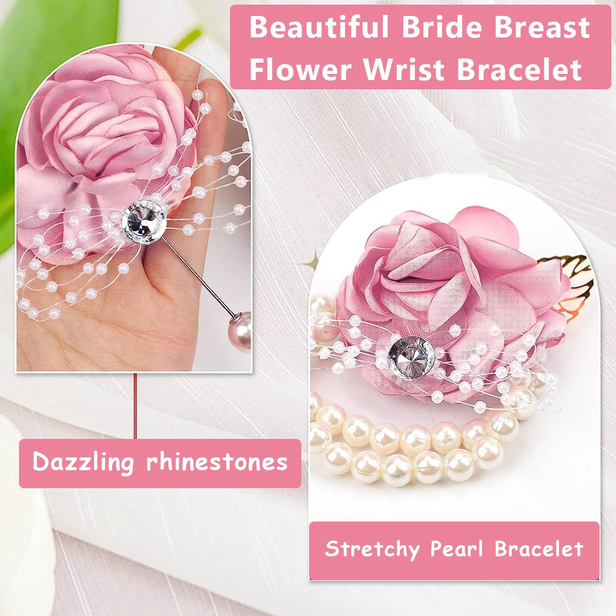 PALAY Rose Corsage Pearl Bracelet for Wedding and Prom featuring Pink Floral Design | Set of 2