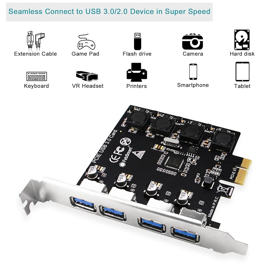 Verilux® 4 Ports USB 3.0 HUB Super Fast 5Gbps PCI Express (PCIe) Expansion Card for Motherboard Windows Server, XP, 7, Vista, 8, 8.1, 10 PCs-Build in Self-Powered Technology-No Need Additional Power Supply