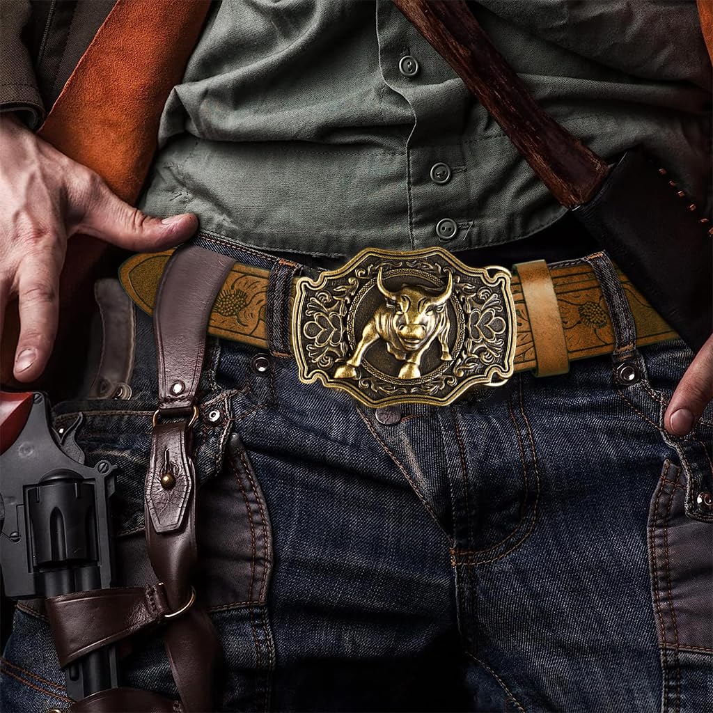 GUSTAVE Vintage PU Leather Belt for Men featuring Alloy Bull Buckle and 49 in Length | Brown Embossed Design for Casual and Formal Wear