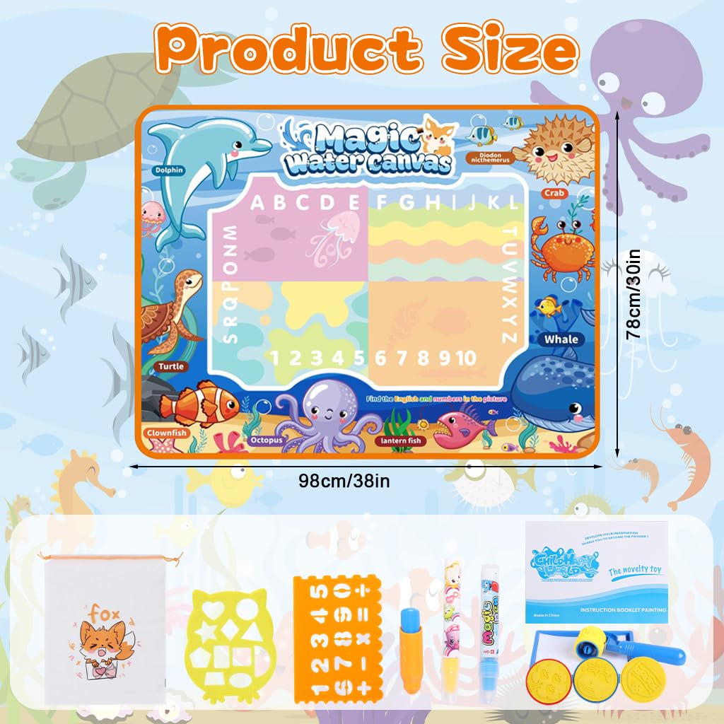 PATPAT Water Doodle Mat for Kids with 39.37x31.5 in Drawing Area and Water Pens | Mess-Free Learning Fun