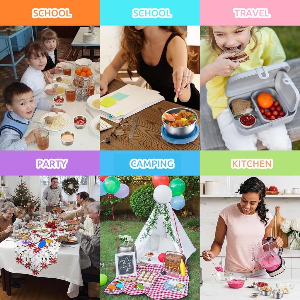 HASTHIP Small Condiment Containers for Salad Dressings featuring Leakproof Silicone Lids and Reusable Stainless Steel Cups 6 Pack 40ml