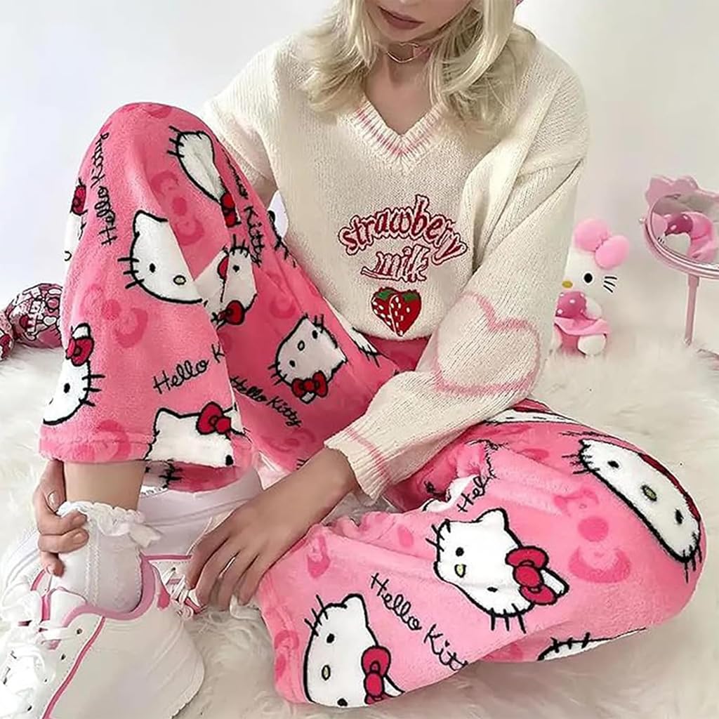 Venzina® Women's Pajamas Bottom Winter Warm Flannel Pink Hello Kitty Home Wear Pants Elastic Waist Warm Plush Trousers Daily Wear Cozy Home Wear Pants, L