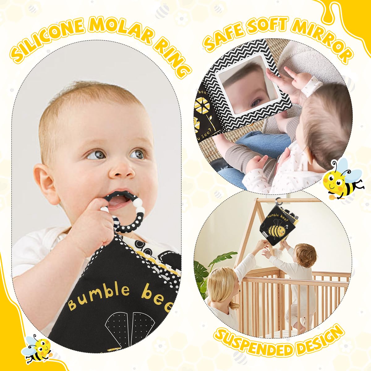 SNOWIE SOFT Cartoon Bee Cloth Books for Babies with Mirror and Crinkle Pages | 2 PCS Washable Non-Toxic Sensory Toy