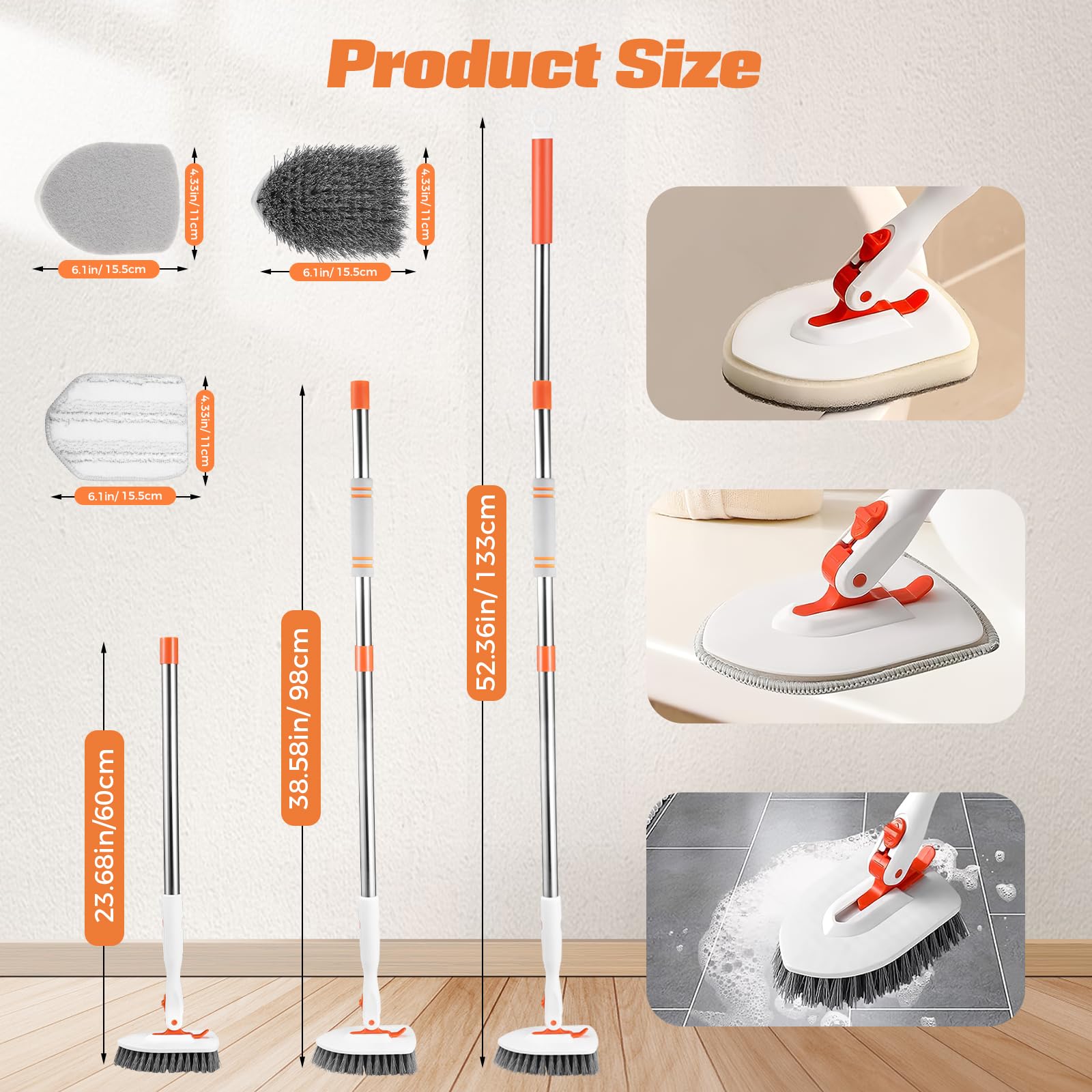 ZIBUYU® Floor Cleaning Brush Kit 3 in 1 Home Cleaning Scrubber Brush with Multi Interchangeable Attachment Brushes 52''  Long Handle Floor Cleaning Brush Window Scrubber Brush