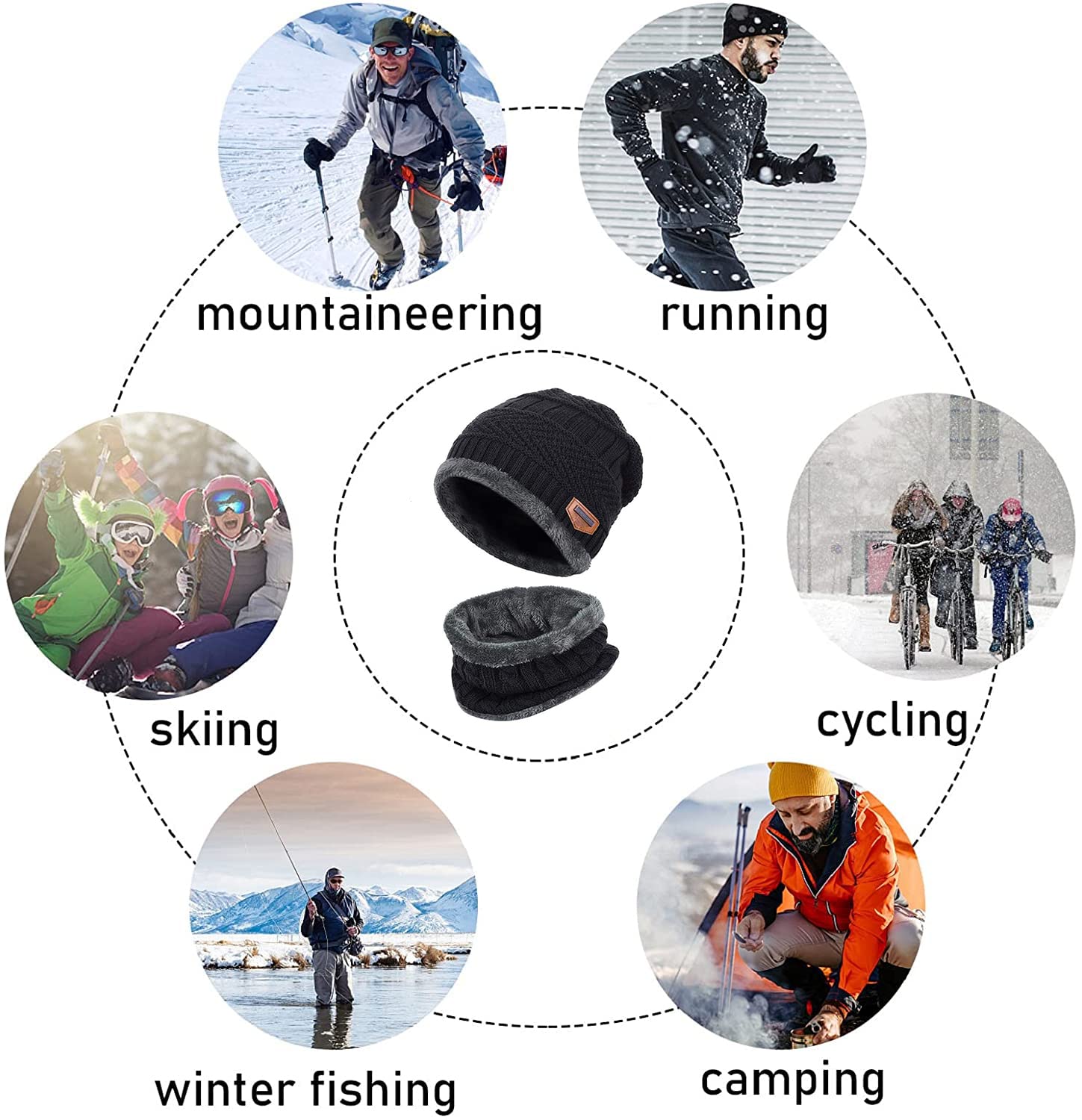 PALAY Knitted Hat and Scarf Set for Winter with Plush Edging and Fleece Lining | Navy Blue