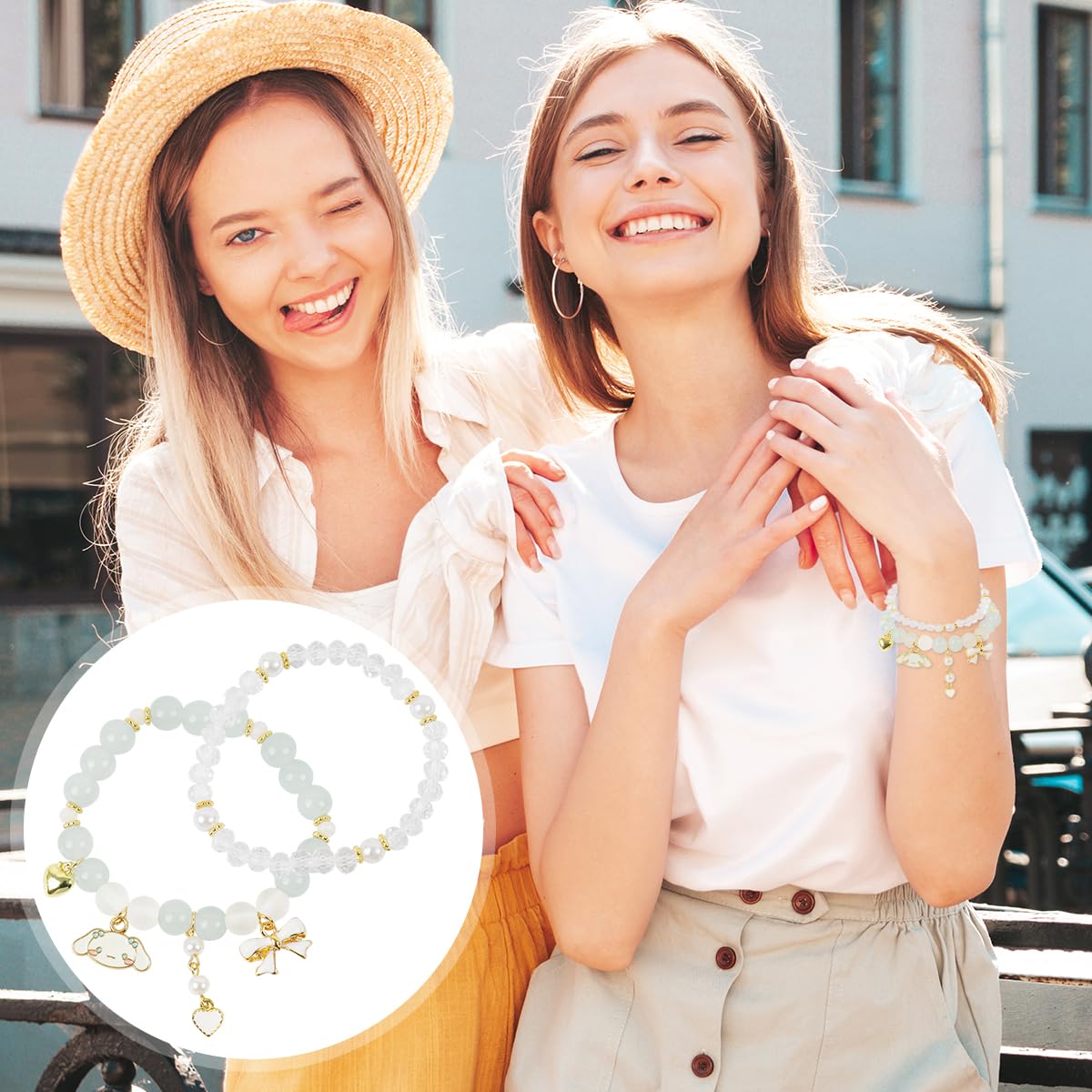 Venzina Crystal Bead Bracelet for Women and Girls with Dual Layer Design | Beige Elastic Cinnamoroll Charm Gift