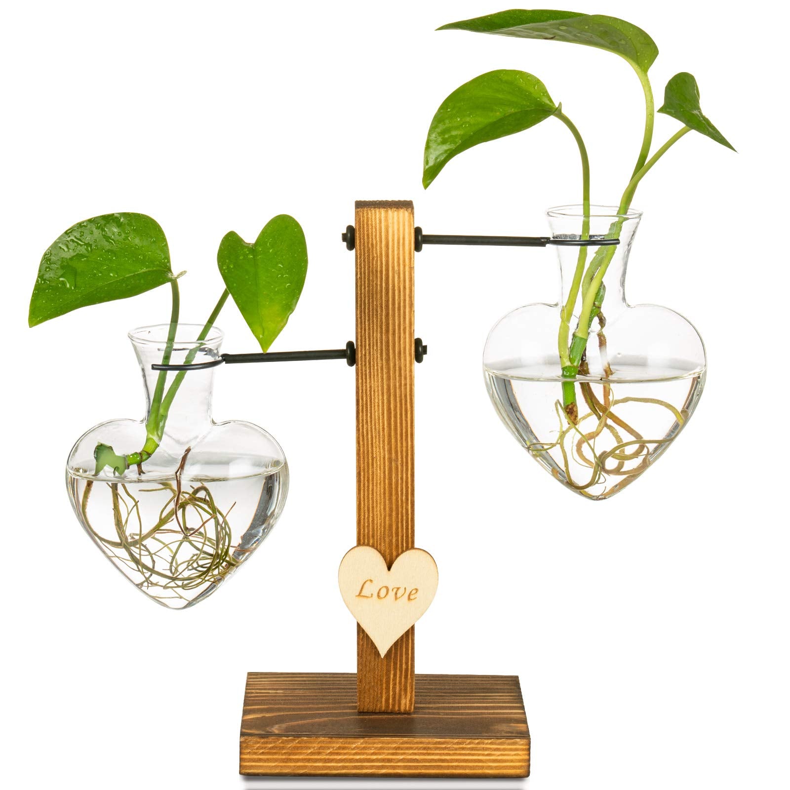 HASTHIP® Hydroponic Glass Vase & Stand Kit Heart Shape Hydroponic Glass Bottle with T-Shaped Wooden Stand Romantic Room Decor Gift Hydroponic Glass Vase Kit Christmas Gift Birthday Gift